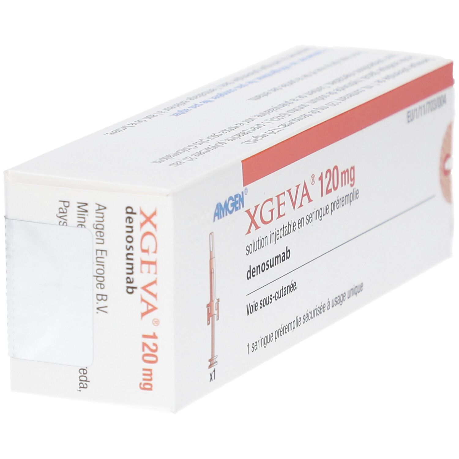 XGEVA 120 mg Packung. Weiße Schachtel mit roter Schrift. Enthält eine Fertigspritze. Herstellerinformationen auf der Seite.