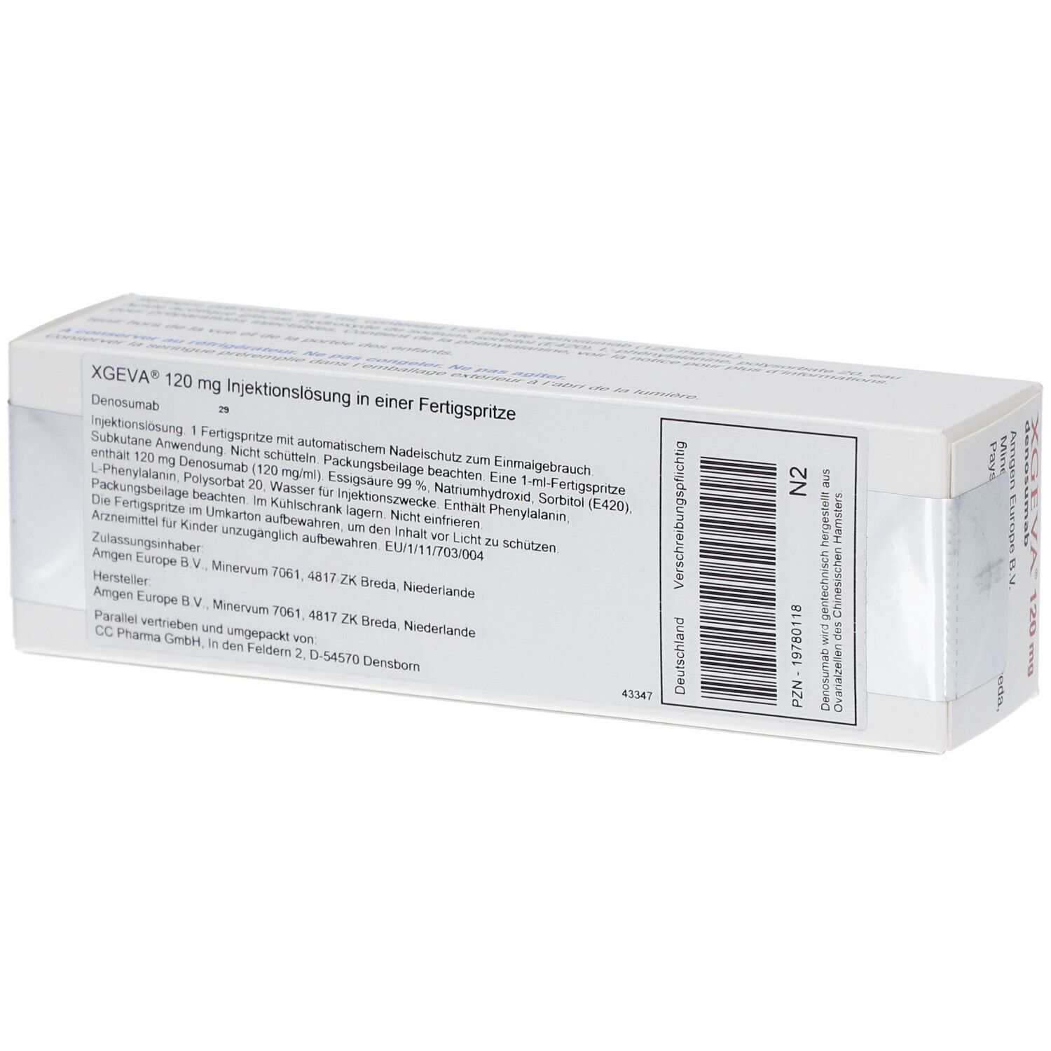 Rückseite der XGEVA 120 mg Packung. Enthält Informationen zur Injektionslösung in deutscher Sprache. Barcode.