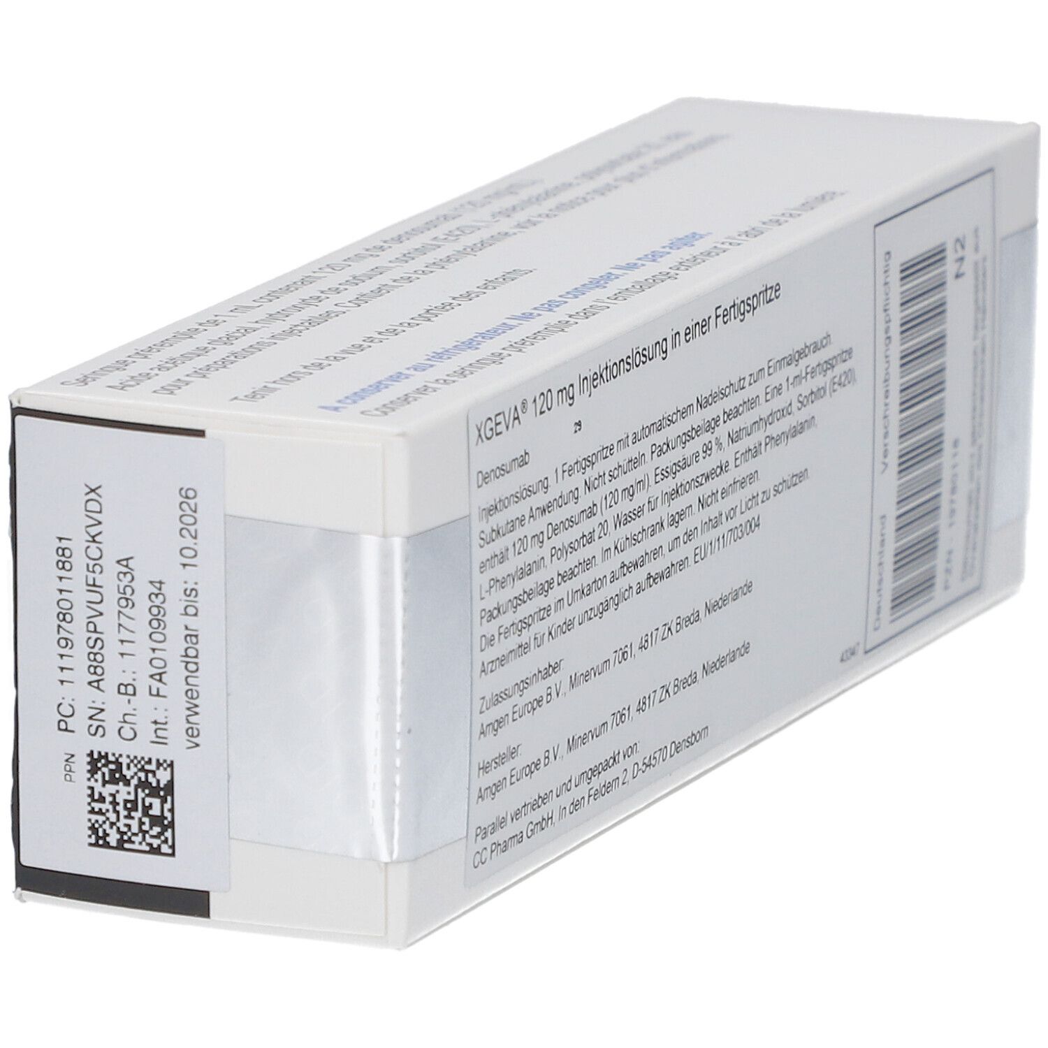 Seite der XGEVA 120 mg Packung. Enthält Informationen zur Injektionslösung. Verfallsdatum und Chargennummer.