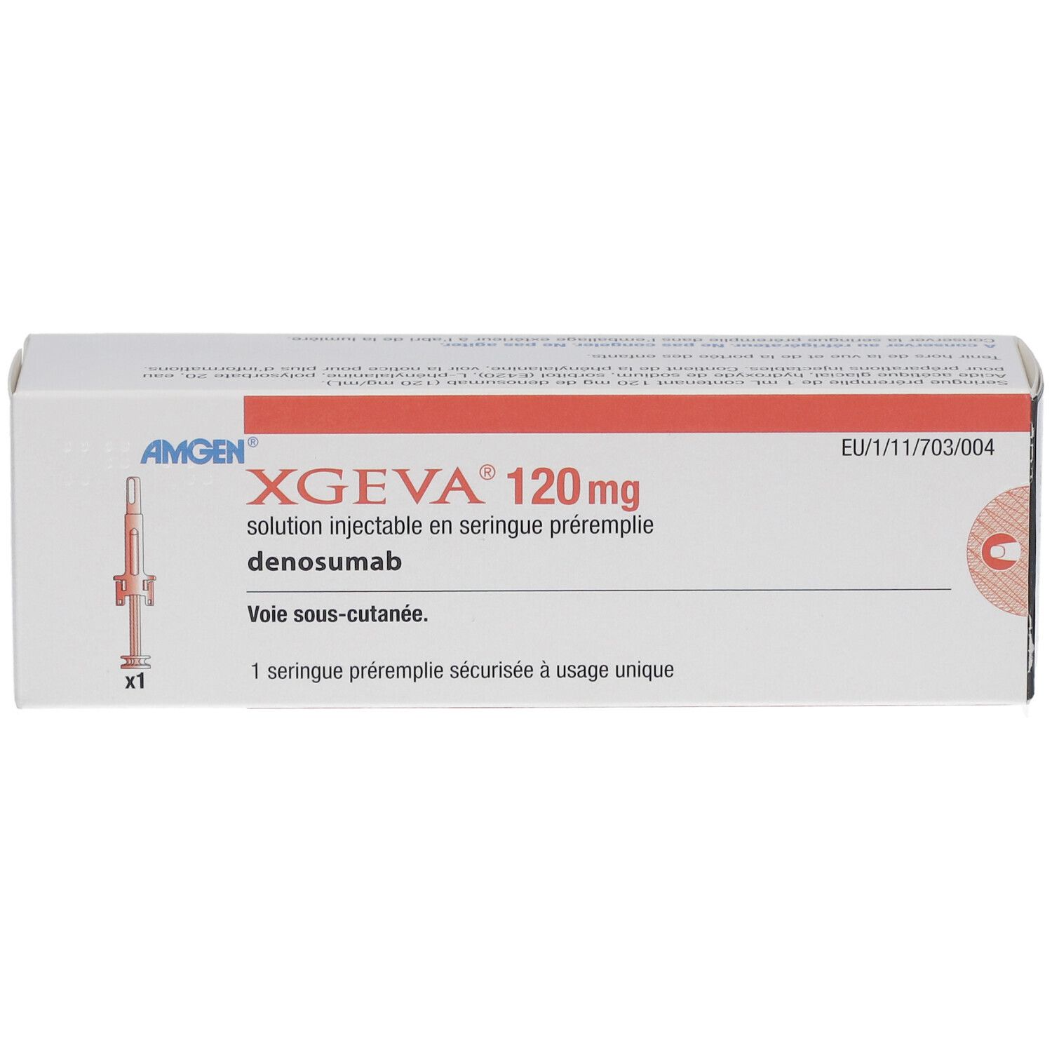 XGEVA 120 mg Packung. Weiße Schachtel mit roter Schrift. Enthält eine Fertigspritze. Herstellerlogo.