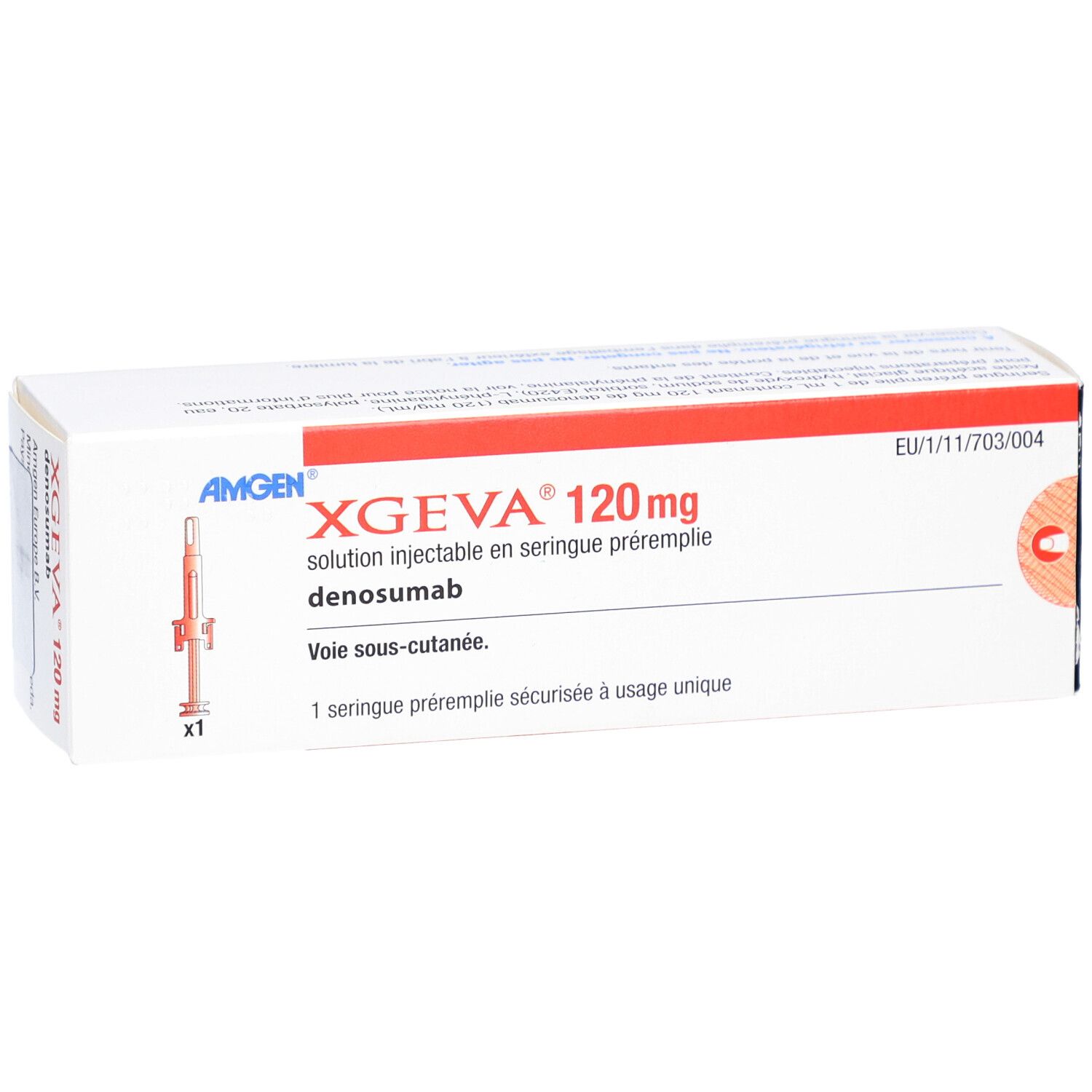 XGEVA 120 mg Packung. Weiße Schachtel mit roter Schrift. Enthält eine Fertigspritze. Herstellerlogo.