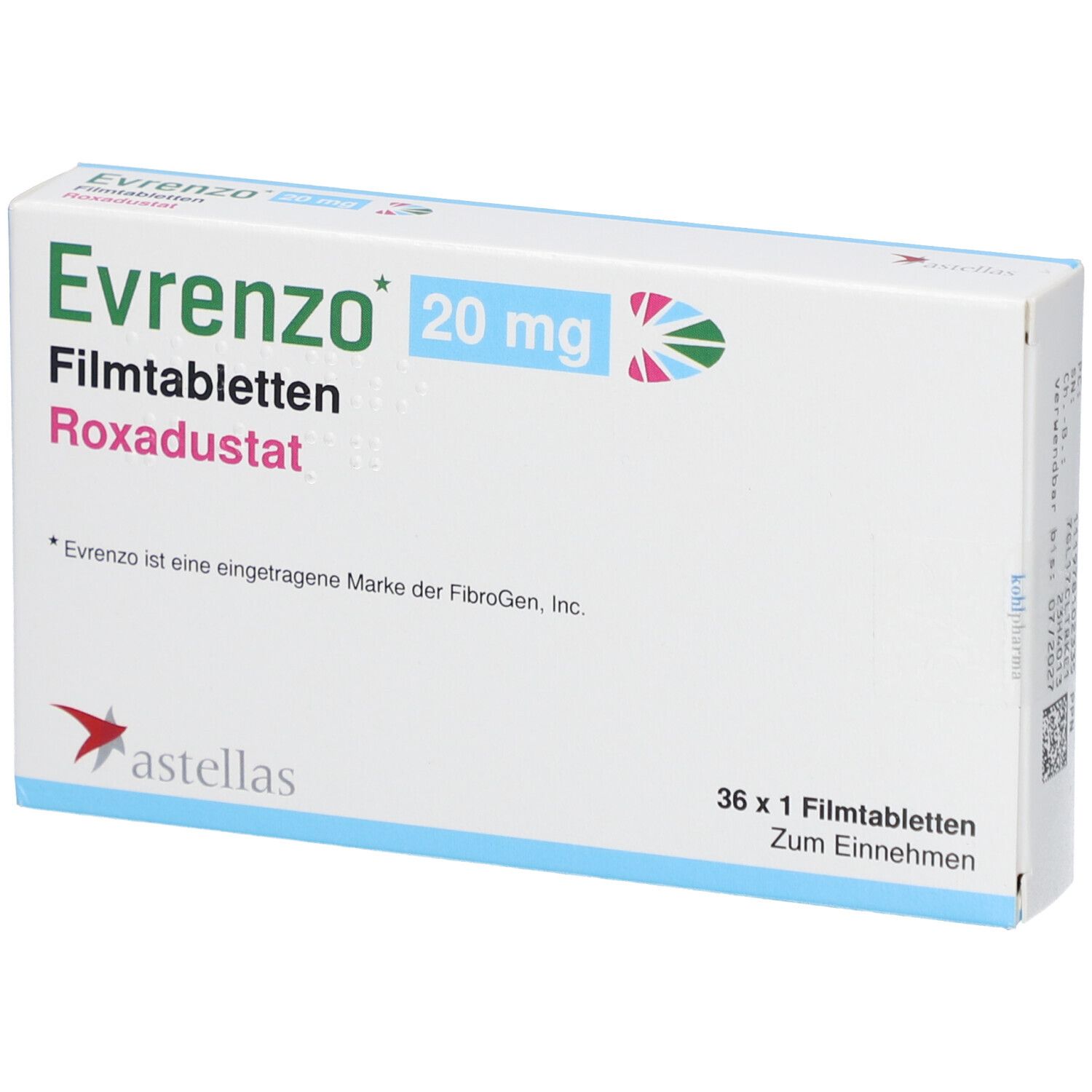 Schachtel mit EVRENZO 20 mg Filmtabletten. Aufschrift: Roxadustat, 36 x 1 Filmtabletten. Astellas Logo.
