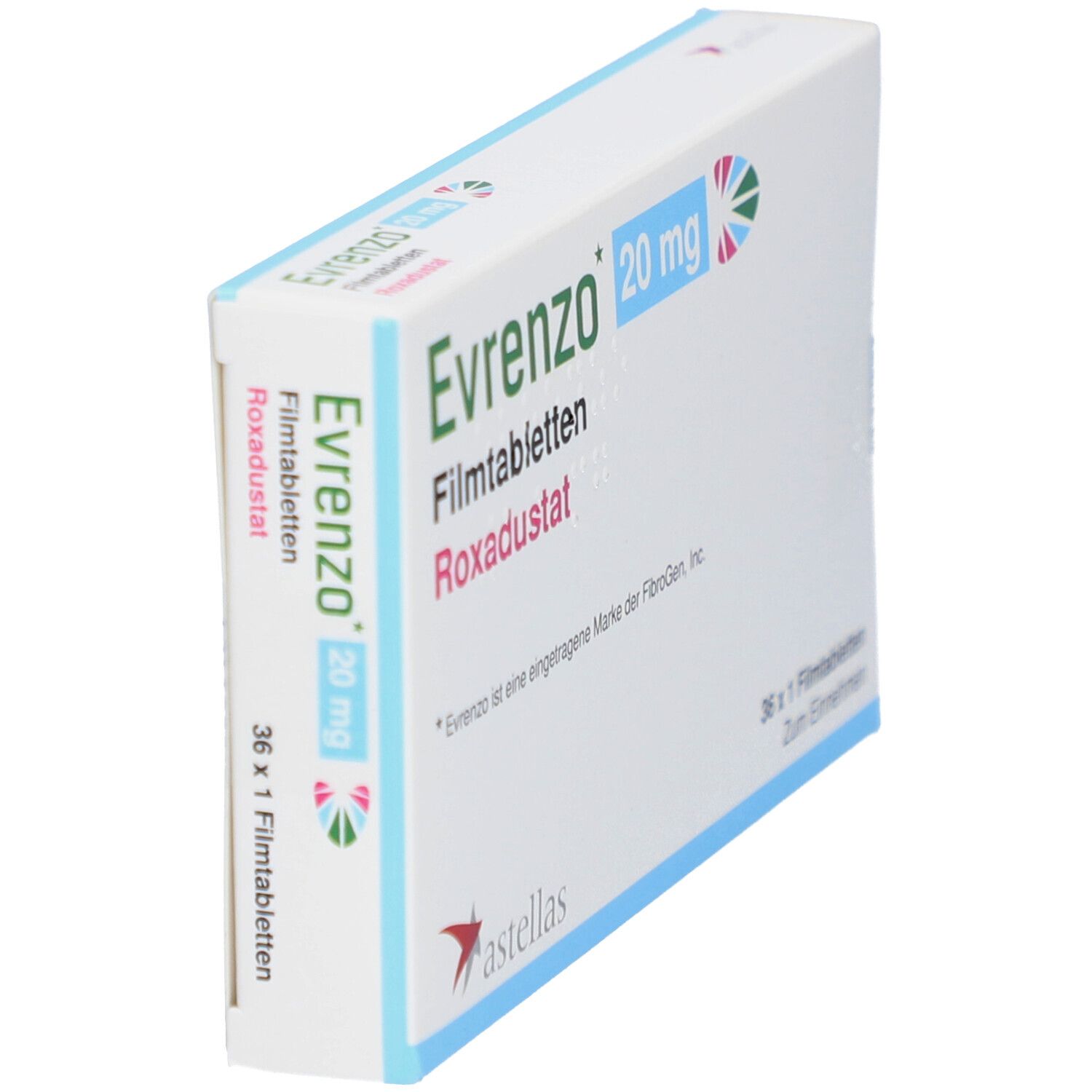 Schachtel mit EVRENZO 20 mg Filmtabletten. Aufschrift: Roxadustat, 36 x 1 Filmtabletten. Astellas Logo.