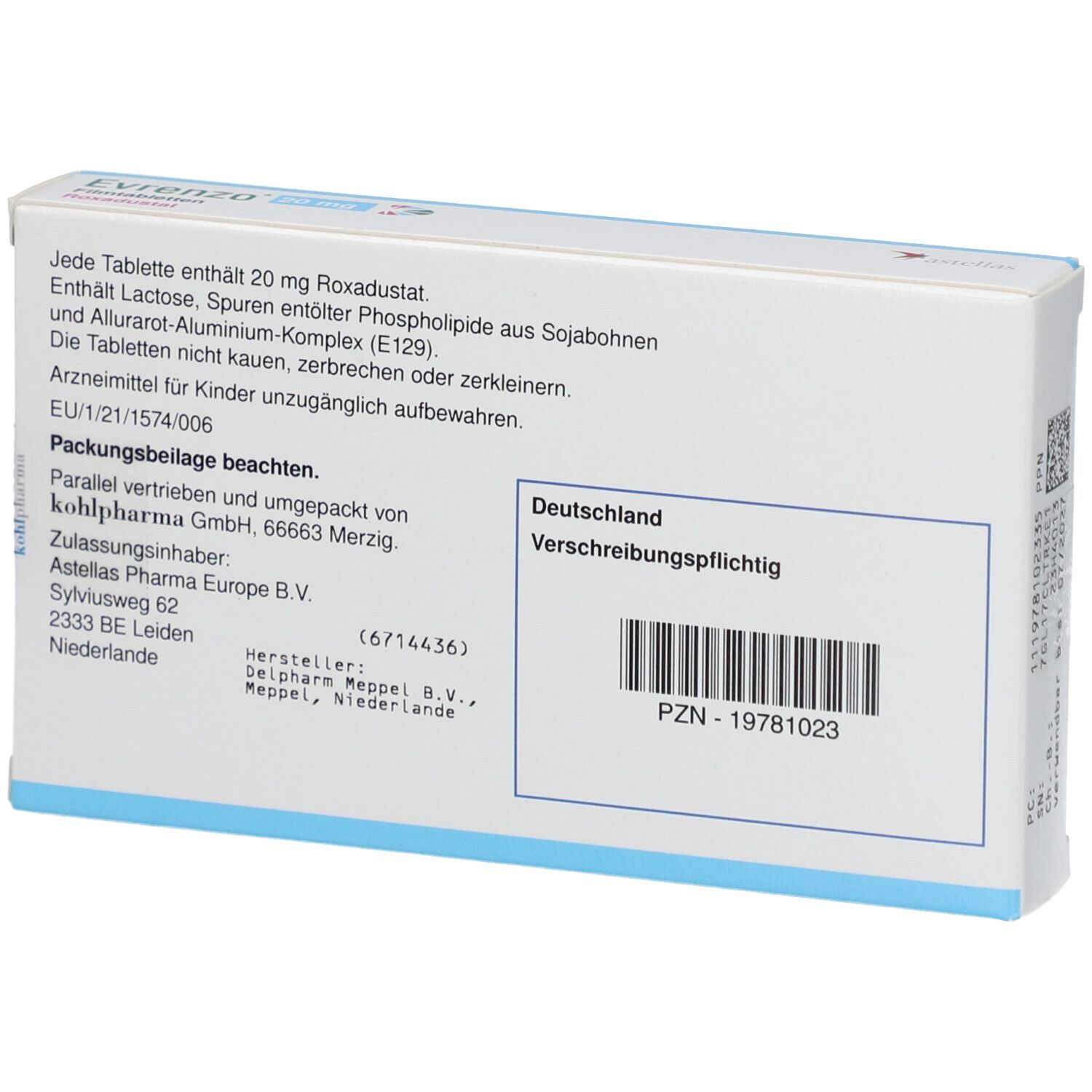 Rückseite der EVRENZO 20 mg Filmtabletten-Schachtel. Enthält Informationen zu Inhaltsstoffen und Hersteller.