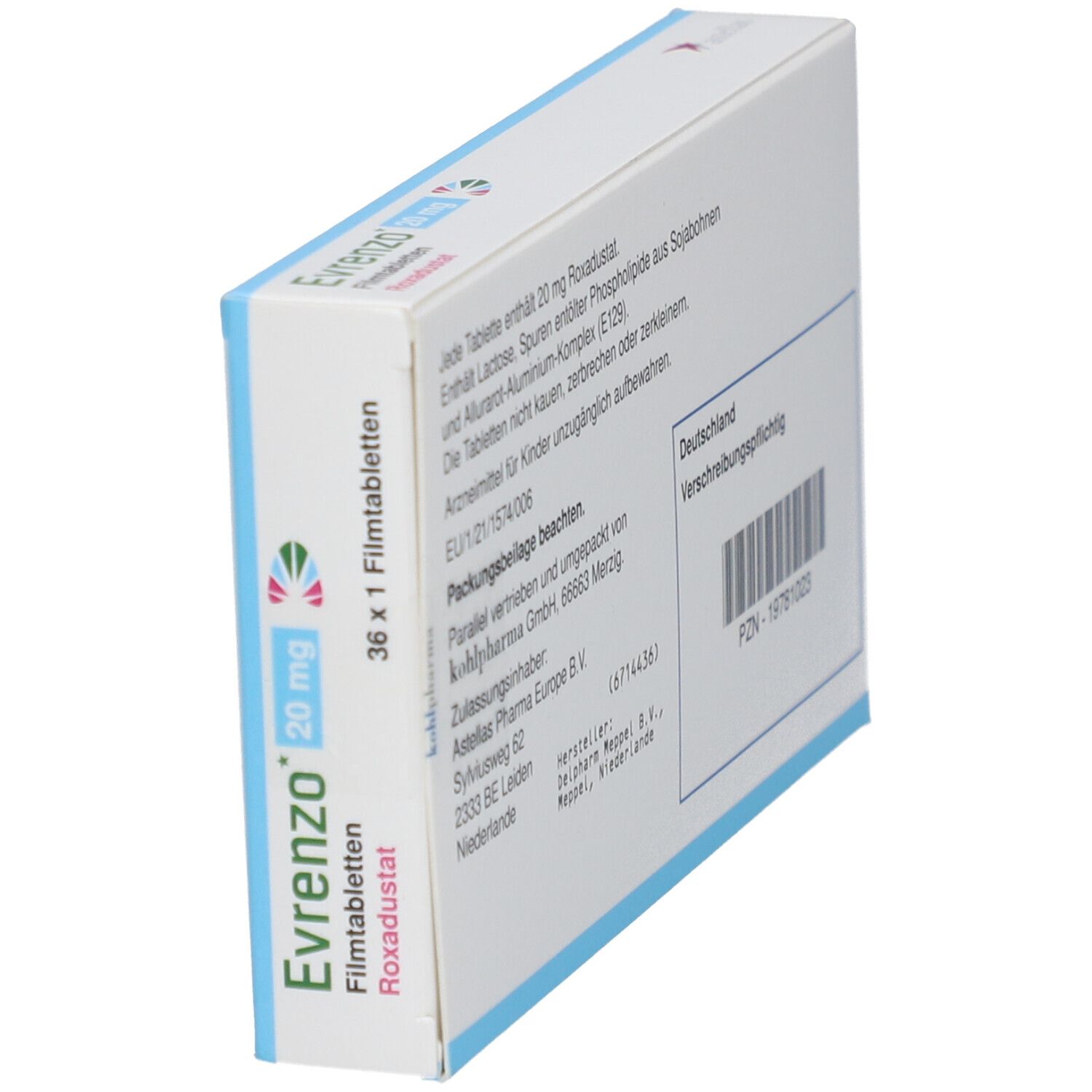 Schachtel mit EVRENZO 20 mg Filmtabletten. Aufschrift: Roxadustat, 36 x 1 Filmtabletten. Astellas Logo.