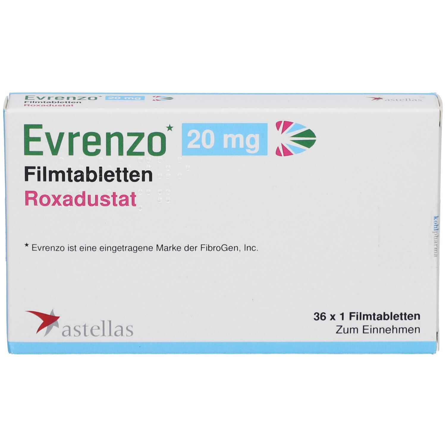 Schachtel mit EVRENZO 20 mg Filmtabletten. Aufschrift: Roxadustat, 36 x 1 Filmtabletten. Astellas Logo.