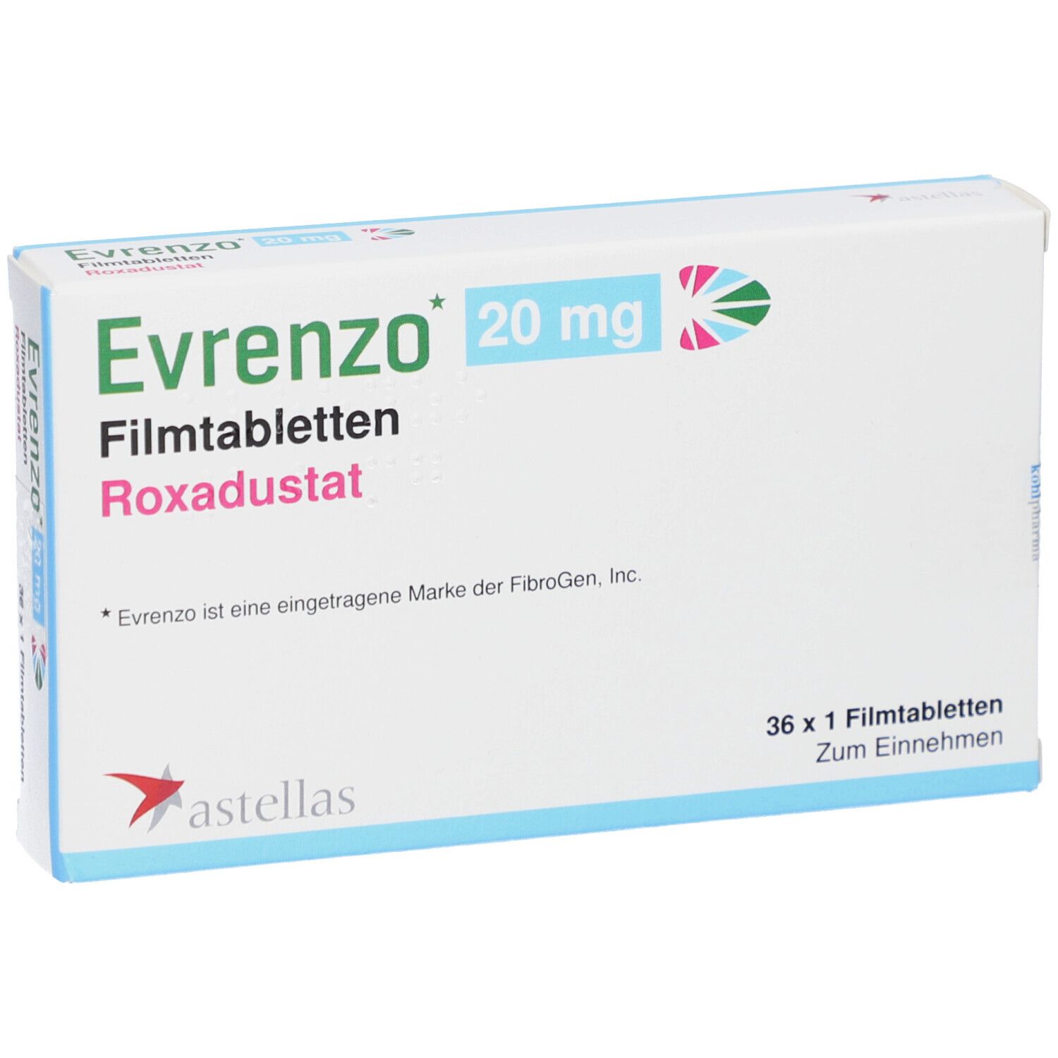 Schachtel mit EVRENZO 20 mg Filmtabletten. Aufschrift: Roxadustat, 36 x 1 Filmtabletten. Astellas Logo.
