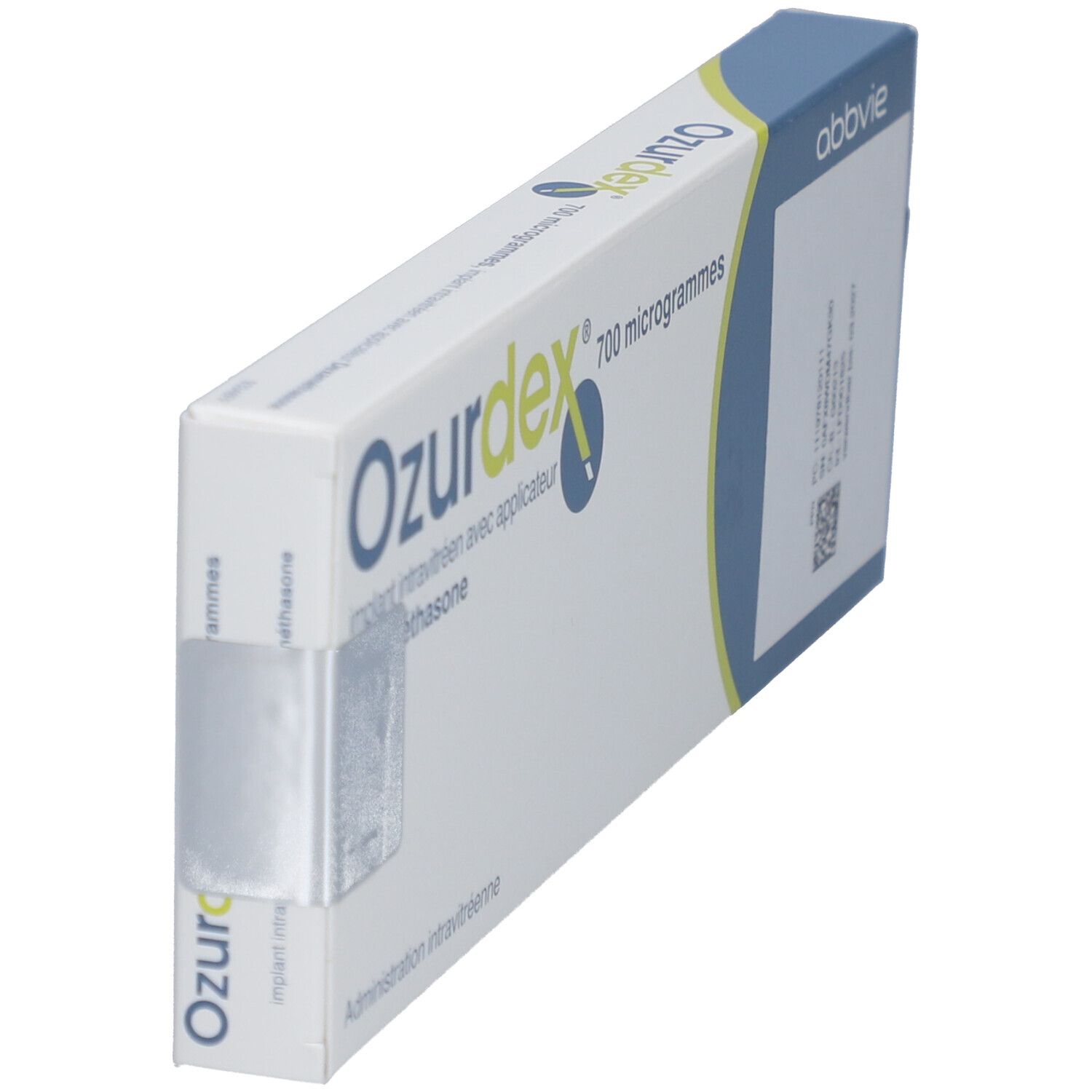 Ozurdex-Verpackung, 700 Mikrogramm, mit Applikator. Schachtel in Schrägansicht, weiß und blau.