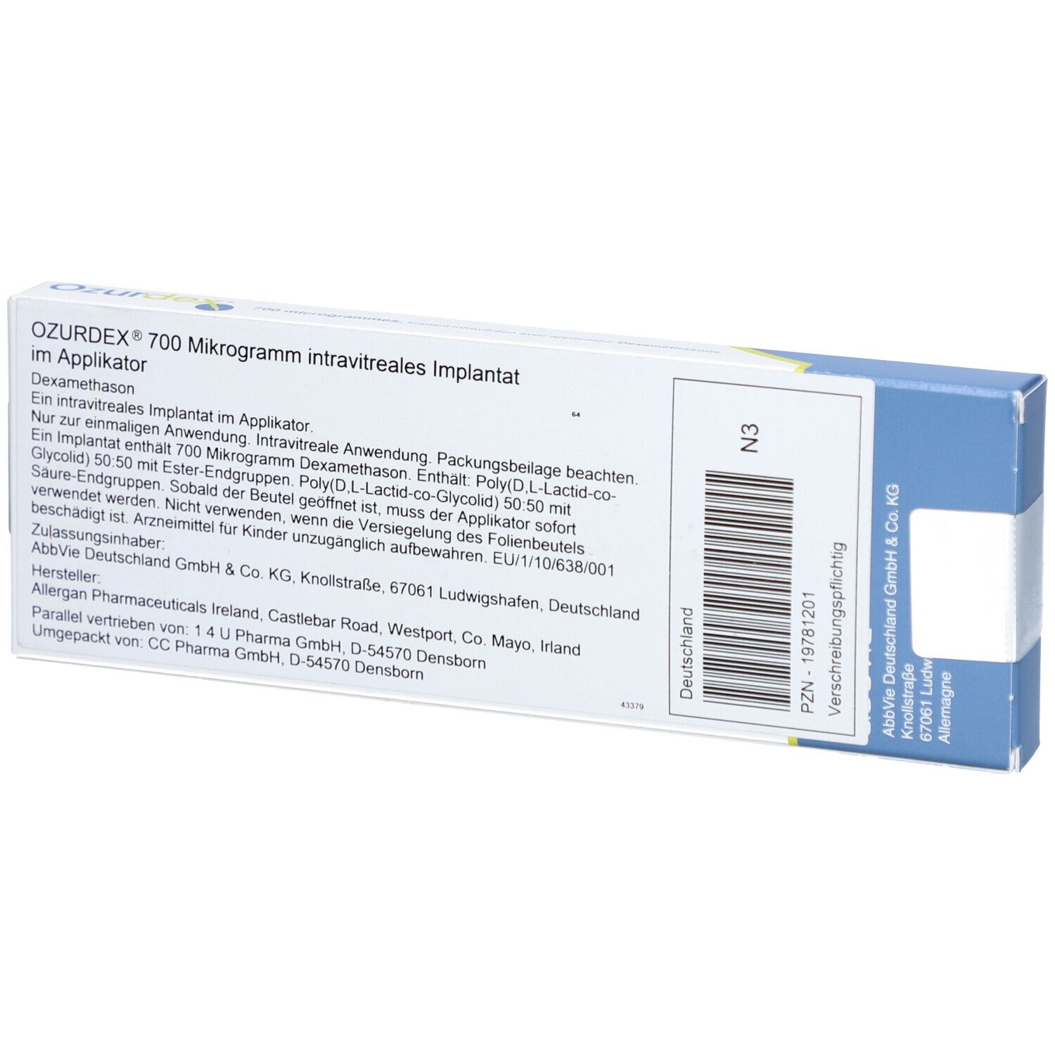Rückseite der Ozurdex-Verpackung. Enthält Produktinformationen und Herstellerdetails in Deutsch.