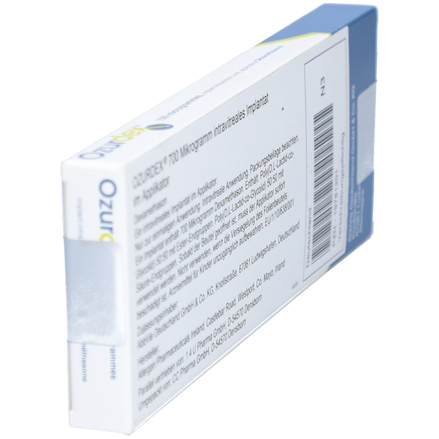 Rückseite der Ozurdex-Verpackung, schräg. Produktinformationen und Herstellerdetails in Deutsch.