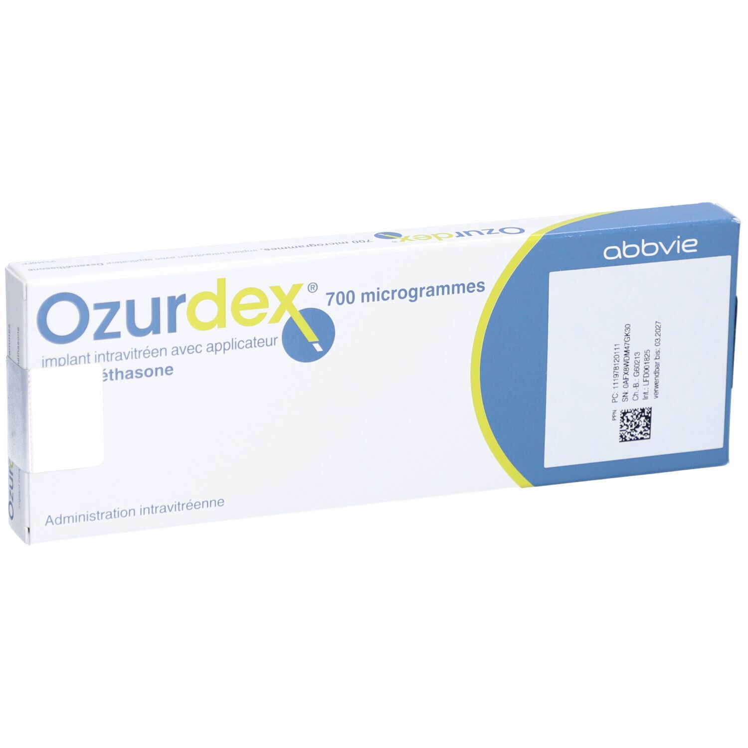 Ozurdex-Verpackung, 700 Mikrogramm, mit Applikator. Weiße und blaue Schachtel mit Produktnamen und Logo.