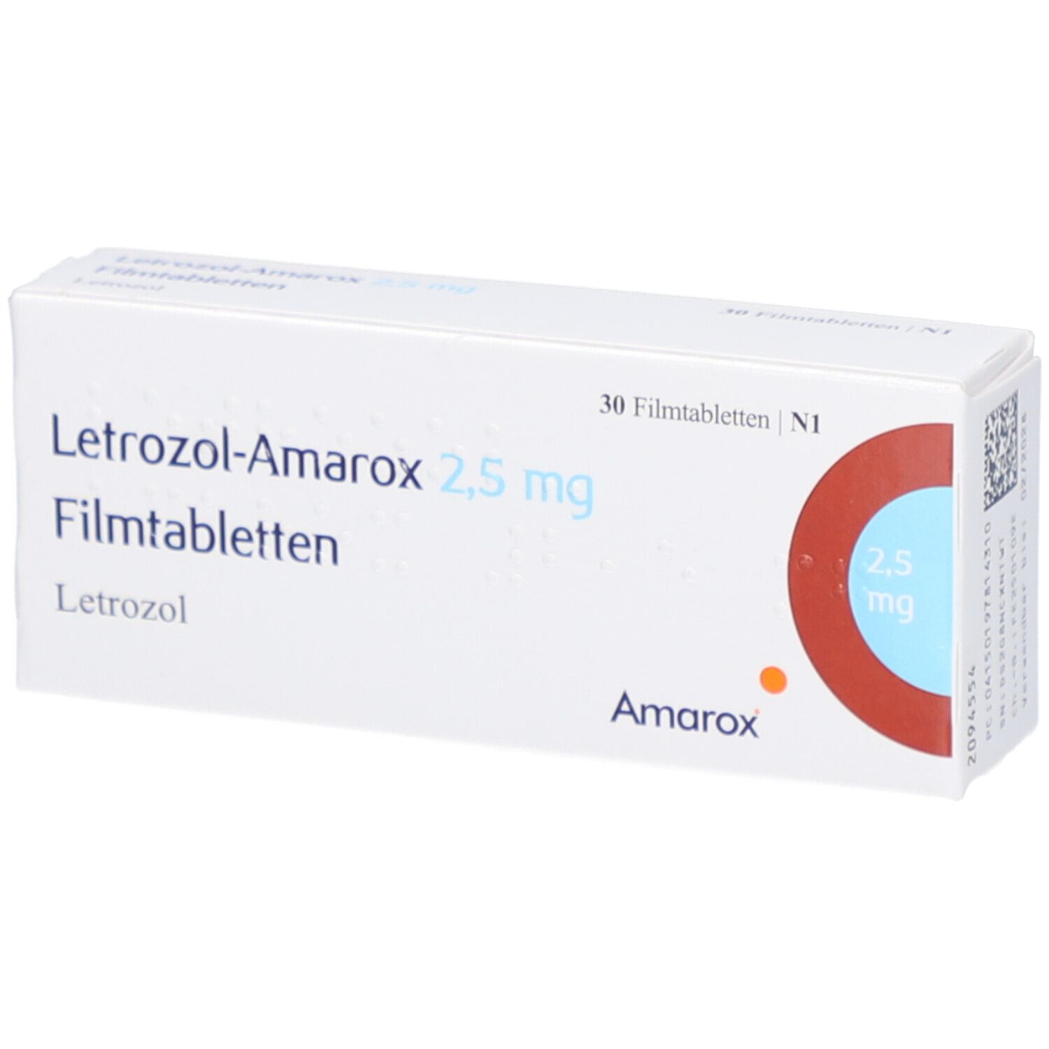 Weiße Faltschachtel mit Aufschrift Letrozol-Amarox 2,5 mg Filmtabletten. Enthält 30 Tabletten. Amarox-Logo.