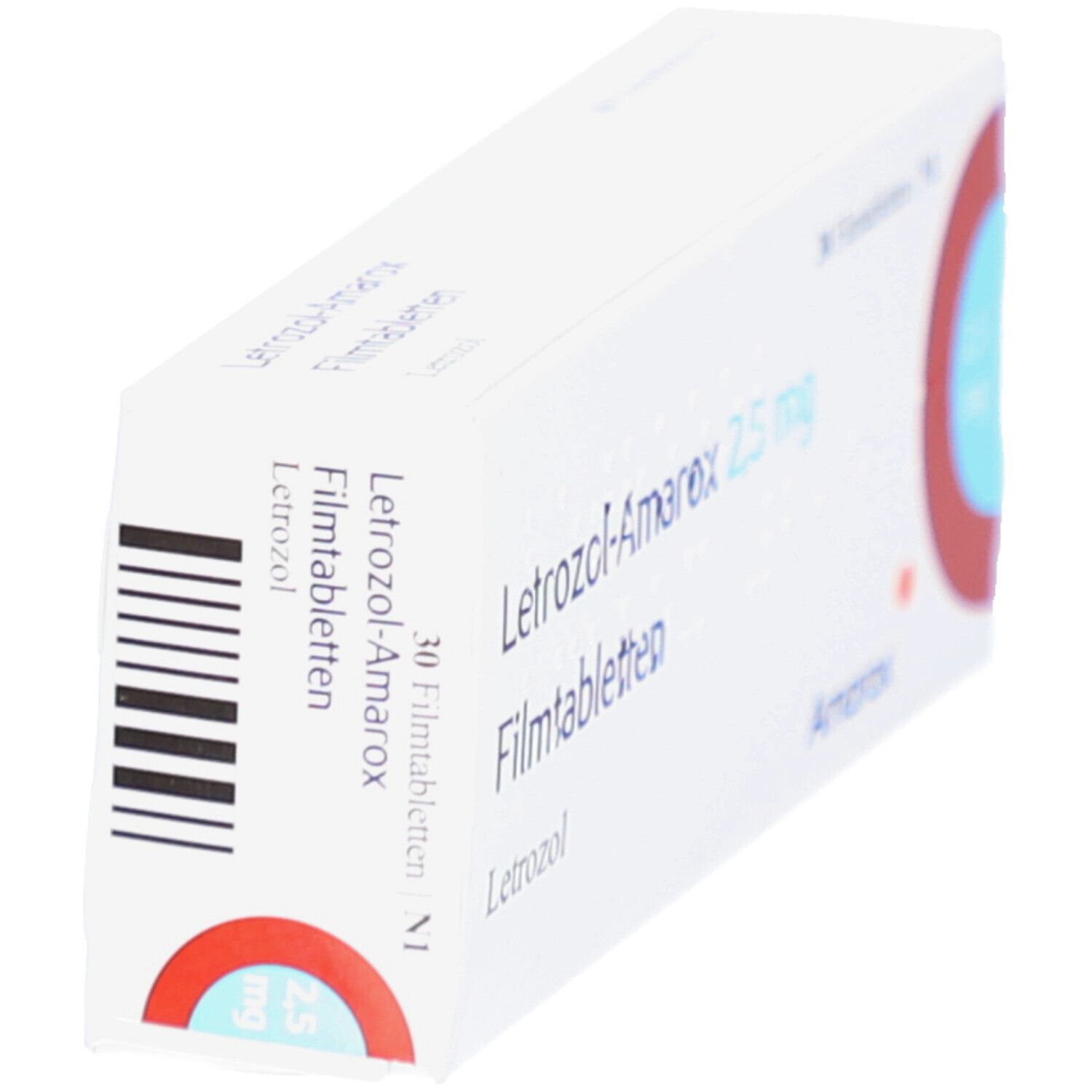 Schräg gestellte weiße Faltschachtel mit Letrozol-Amarox 2,5 mg Filmtabletten. Barcode und Amarox-Logo sichtbar.