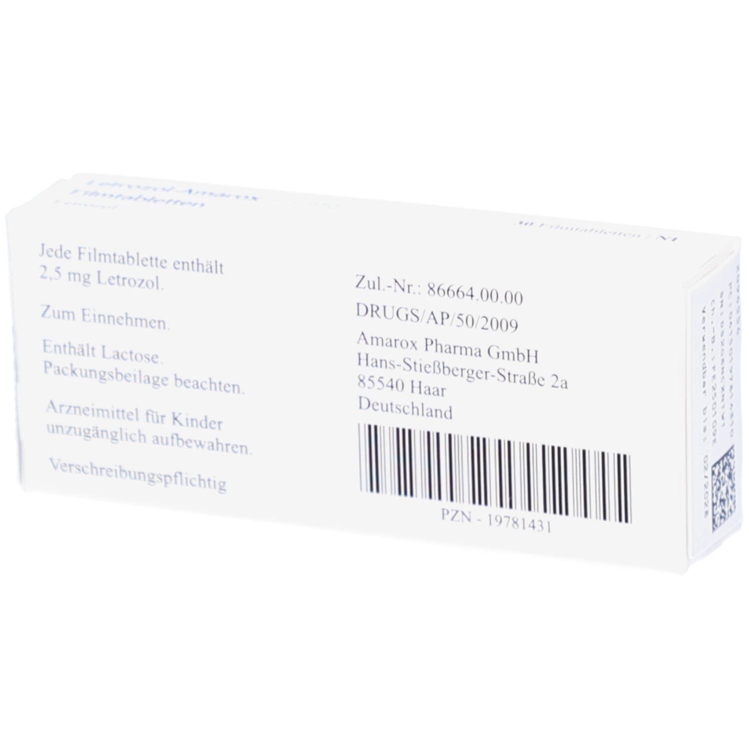 Rückseite der weißen Faltschachtel mit Text. Enthält Informationen zu Inhaltsstoffen, Hersteller und Barcode.