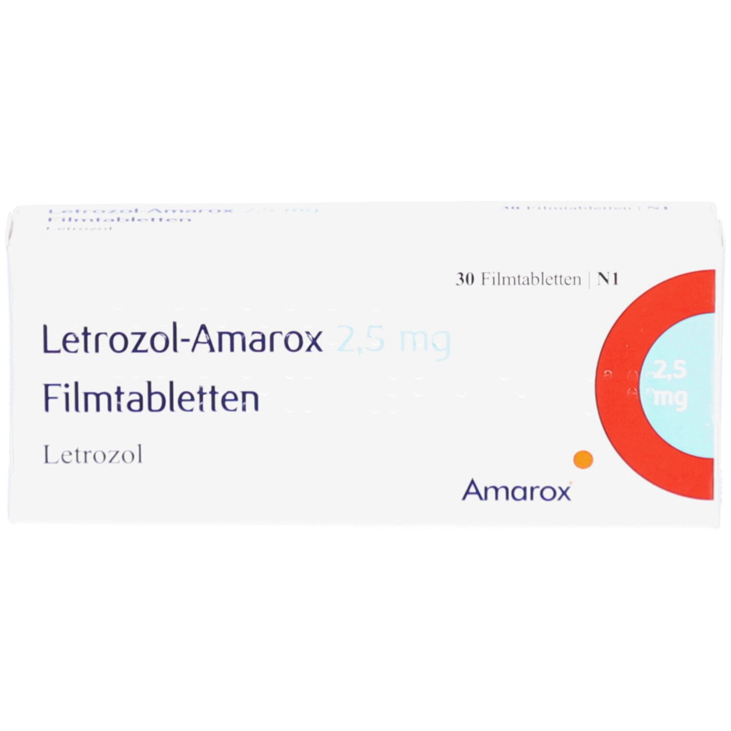 Weiße Faltschachtel mit Letrozol-Amarox 2,5 mg Filmtabletten. 30 Tabletten. Amarox-Logo und Dosierungsangabe.