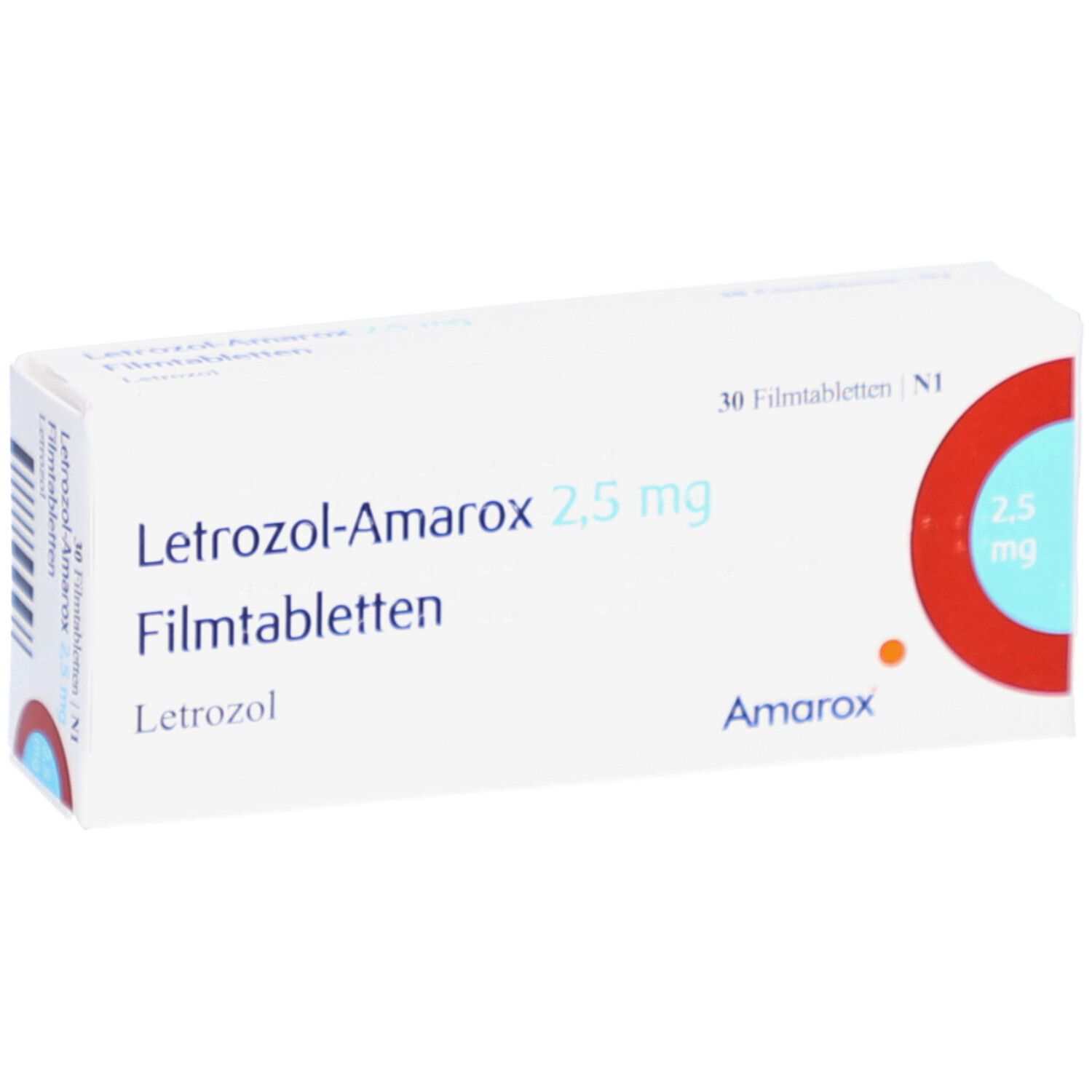 Weiße Faltschachtel mit Letrozol-Amarox 2,5 mg Filmtabletten. 30 Tabletten. Amarox-Logo und Dosierungsangabe.