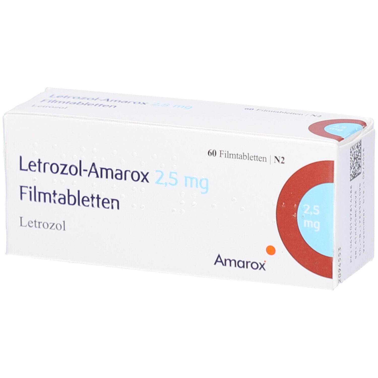 Weiße Arzneimittelverpackung. Beschriftung: Letrozol-Amarox 2,5 mg Filmtabletten. 60 Filmtabletten. Logo und Schriftzug Amarox. Roter Kreis mit 2,5 mg.