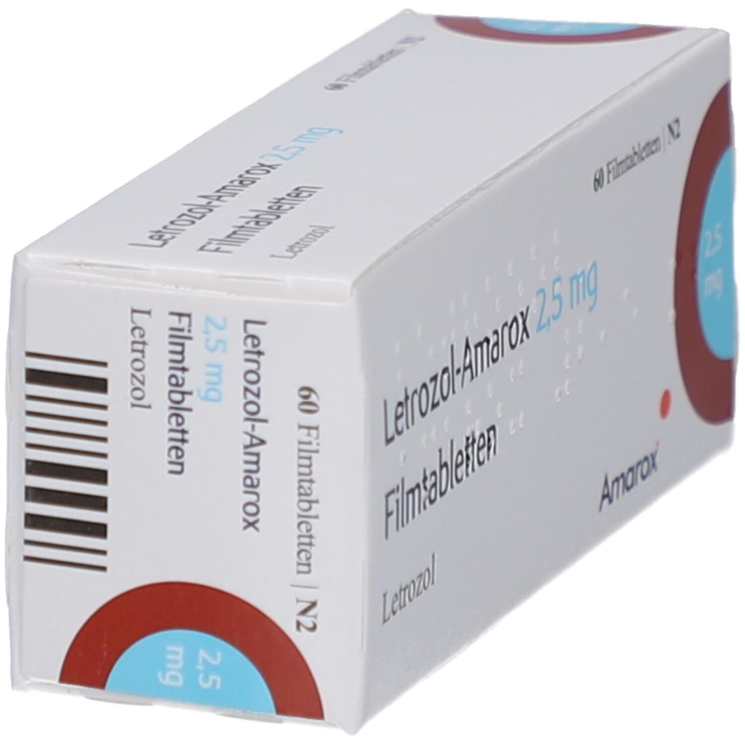 Schräg gestellte Arzneimittelverpackung. Beschriftung: Letrozol-Amarox 2,5 mg Filmtabletten. 60 Filmtabletten. Logo und Schriftzug Amarox. Roter Kreis mit 2,5 mg.