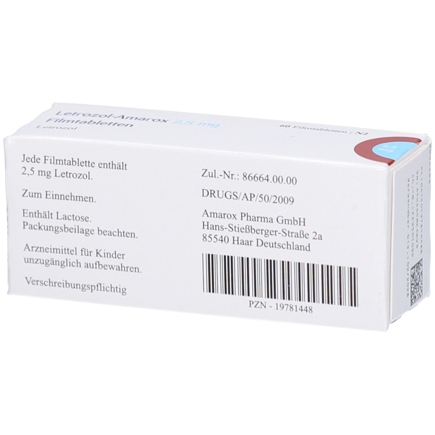 Rückseite der Arzneimittelverpackung. Beschriftung: Letrozol-Amarox 2,5 mg Filmtabletten. Herstellerinformationen, Chargennummer und Barcode.