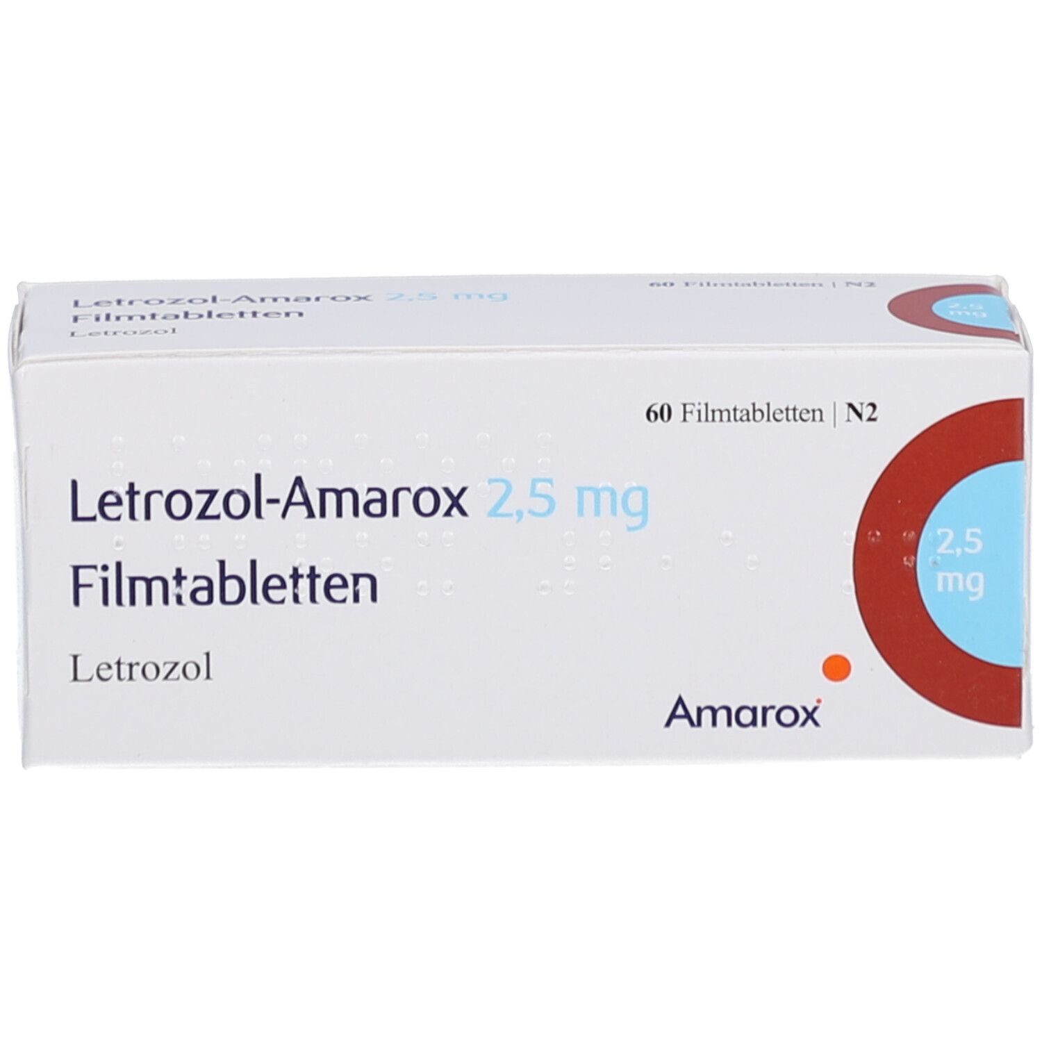 Arzneimittelverpackung. Beschriftung: Letrozol-Amarox 2,5 mg Filmtabletten. 60 Filmtabletten. Logo und Schriftzug Amarox. Roter Kreis mit 2,5 mg.