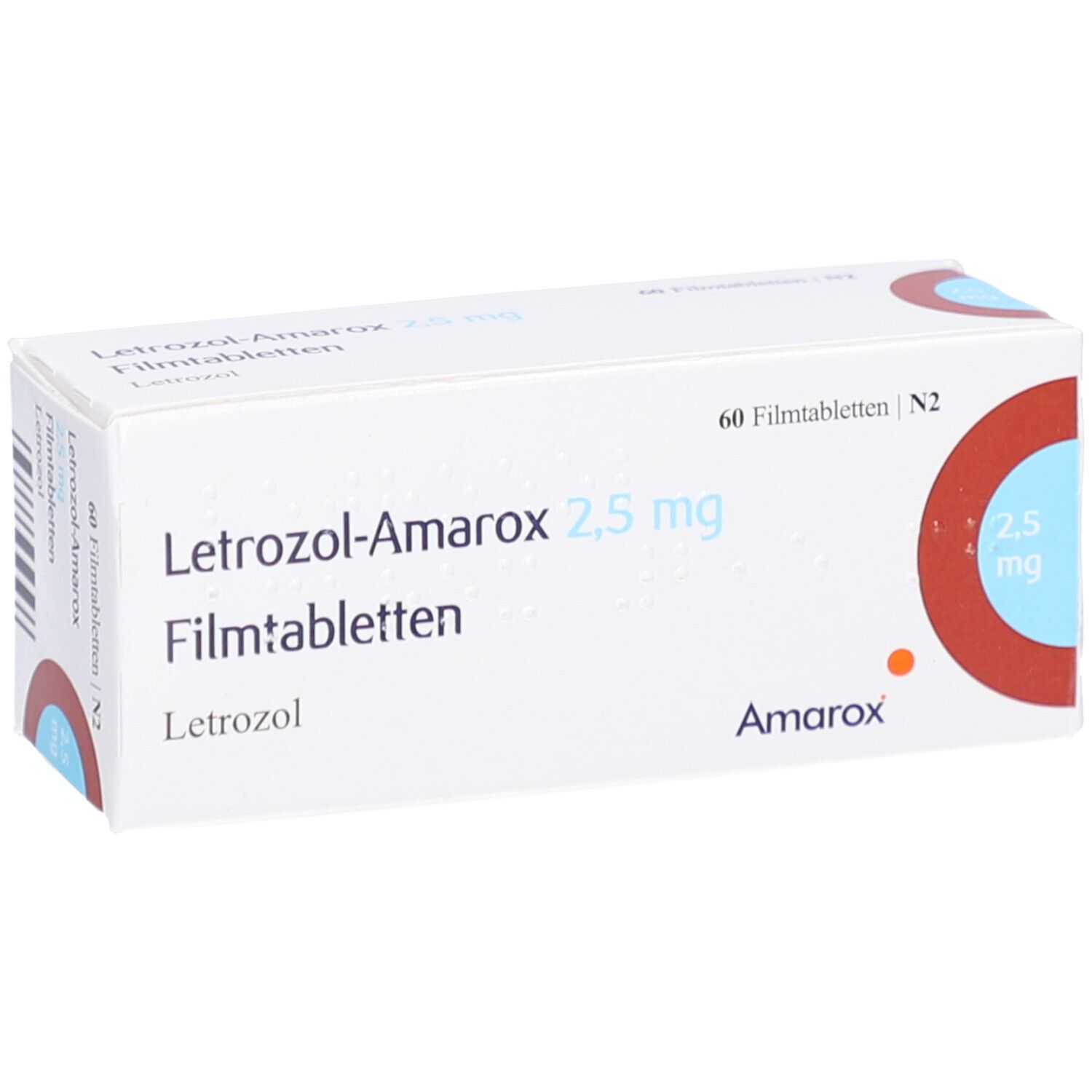 Arzneimittelverpackung. Beschriftung: Letrozol-Amarox 2,5 mg Filmtabletten. 60 Filmtabletten. Logo und Schriftzug Amarox. Roter Kreis mit 2,5 mg.