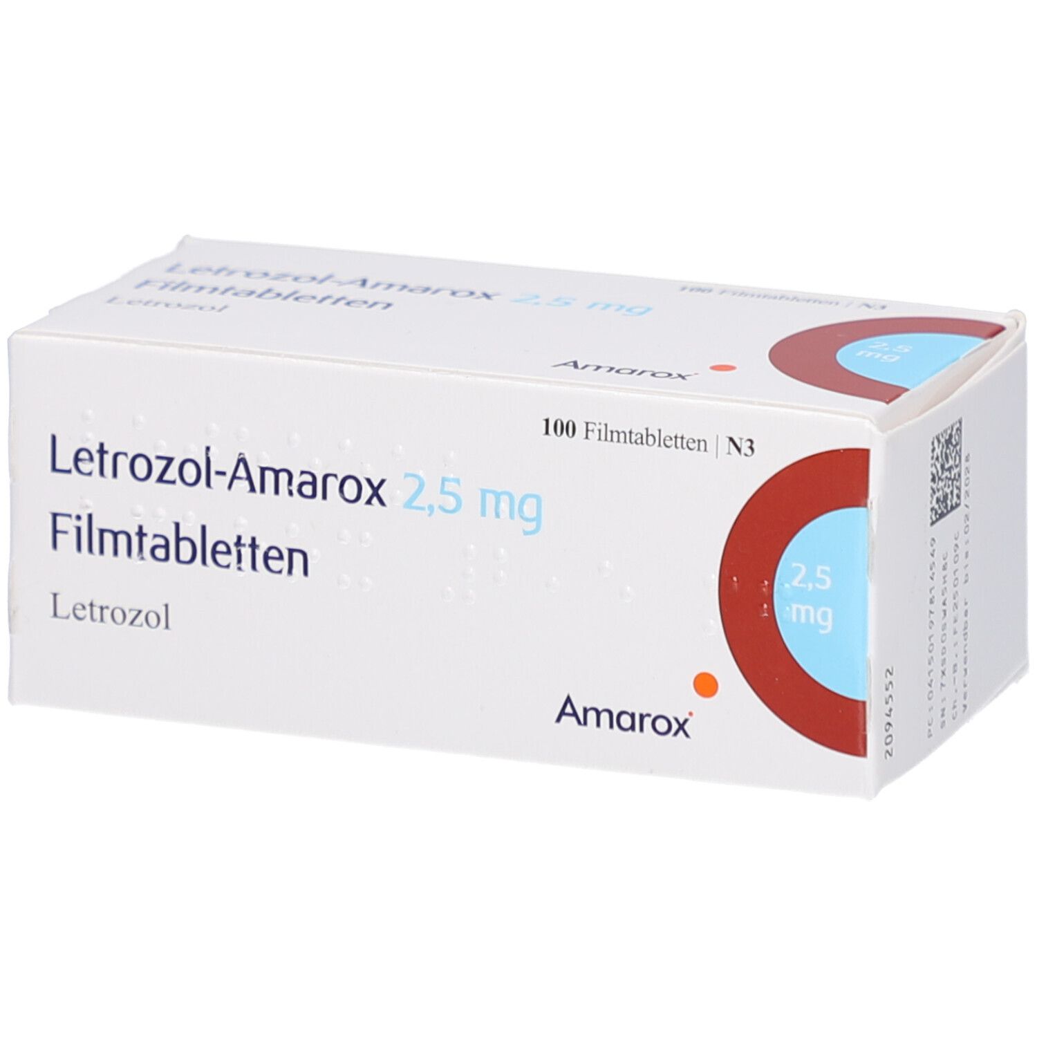 Schachtel mit LETROZOL-Amarox 2,5 mg Filmtabletten. Aufschrift: 100 Filmtabletten. Marke Amarox. Blaue und rote Akzente.