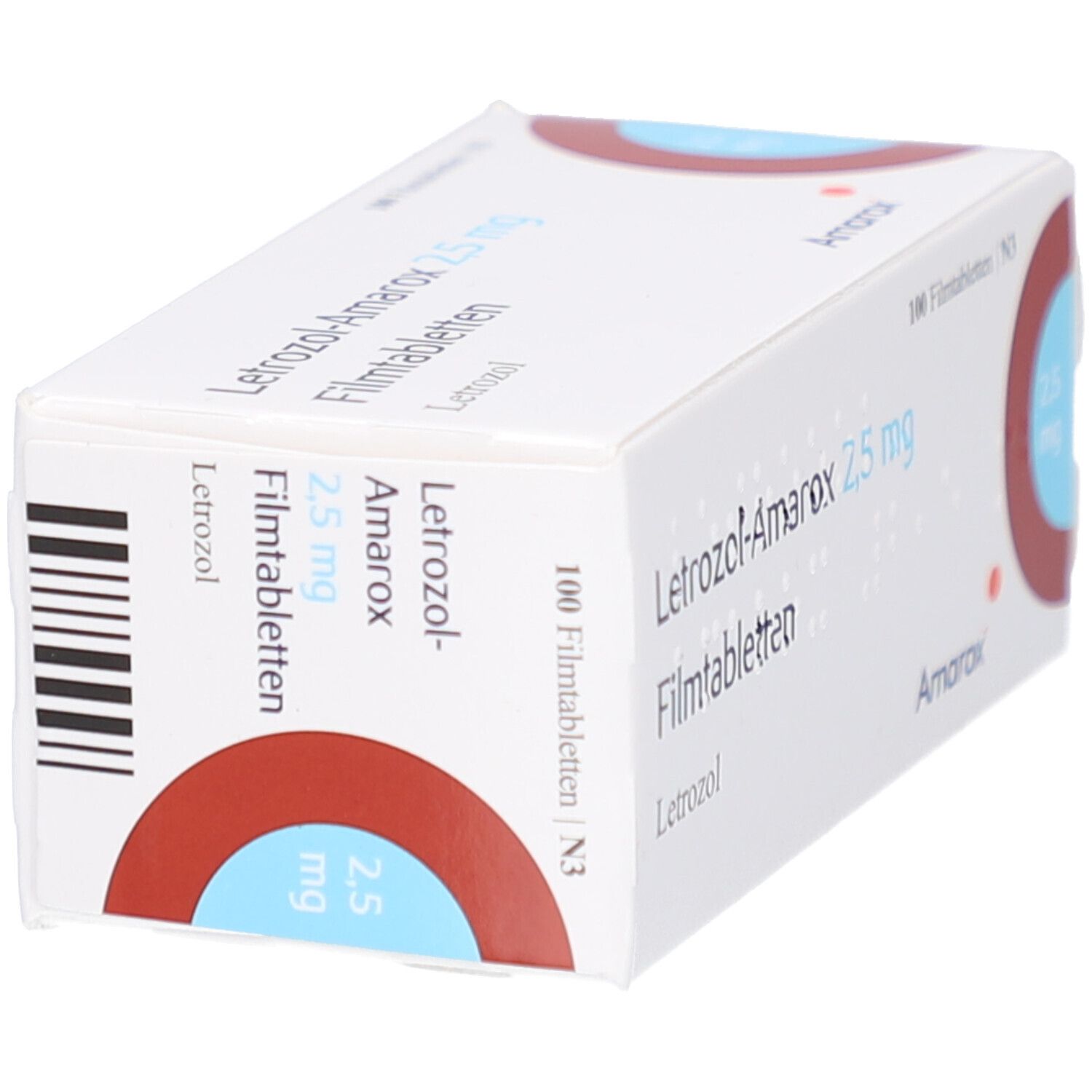 Schachtel LETROZOL-Amarox 2,5 mg Filmtabletten. Aufschrift: 100 Filmtabletten. Marke Amarox. Blaue und rote Akzente. Barcode.