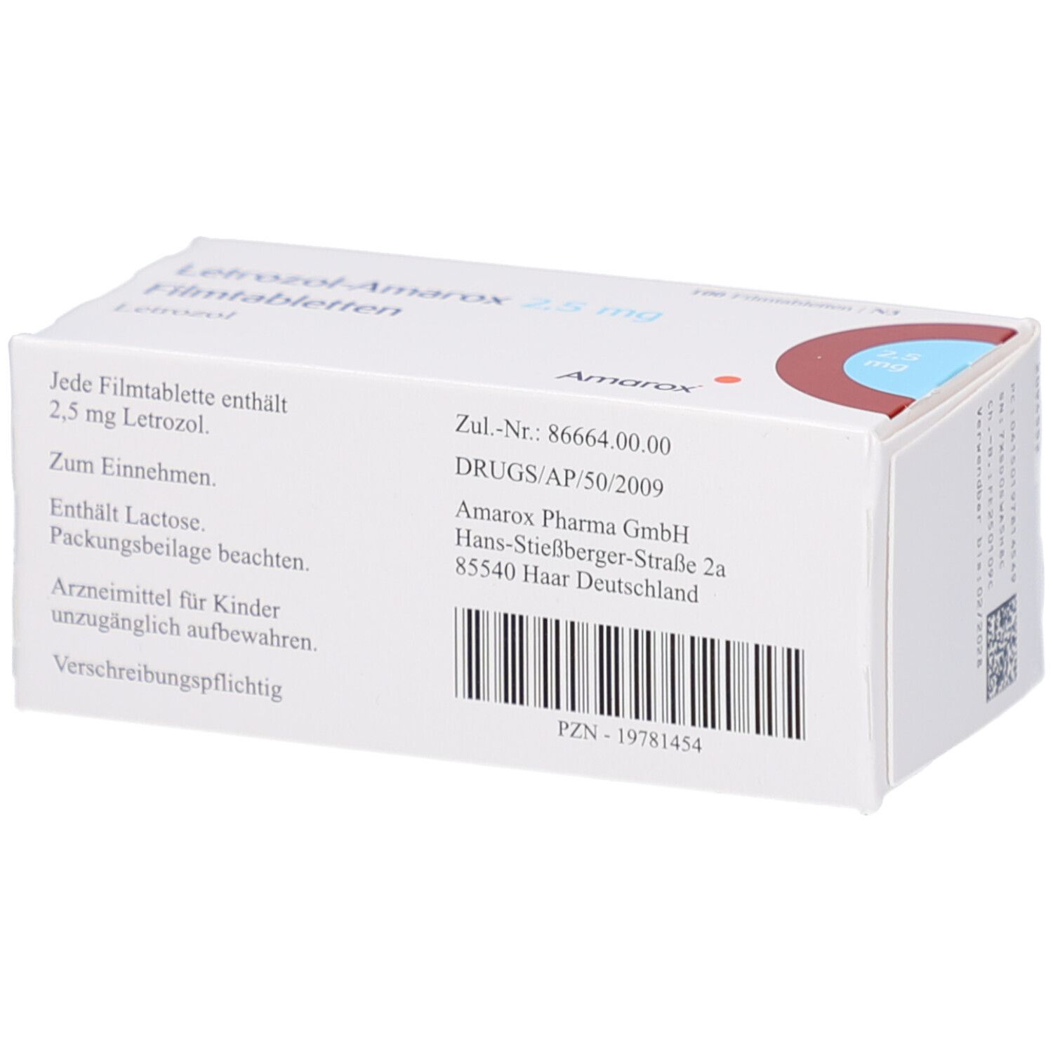 Rückseite der Schachtel LETROZOL-Amarox 2,5 mg Filmtabletten. Text: Inhaltsstoffe, Dosierung. Marke Amarox. Barcode.
