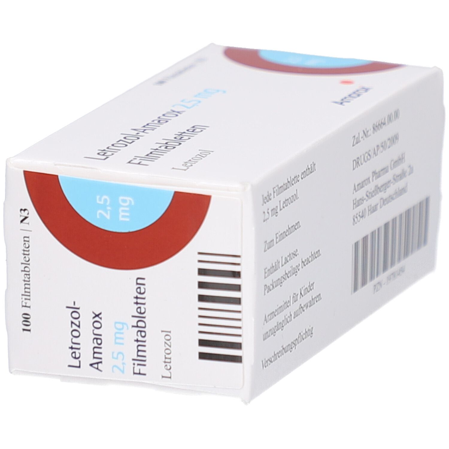 Schachtel LETROZOL-Amarox 2,5 mg Filmtabletten. Aufschrift: 100 Filmtabletten. Marke Amarox. Barcode. Blaue und rote Akzente.
