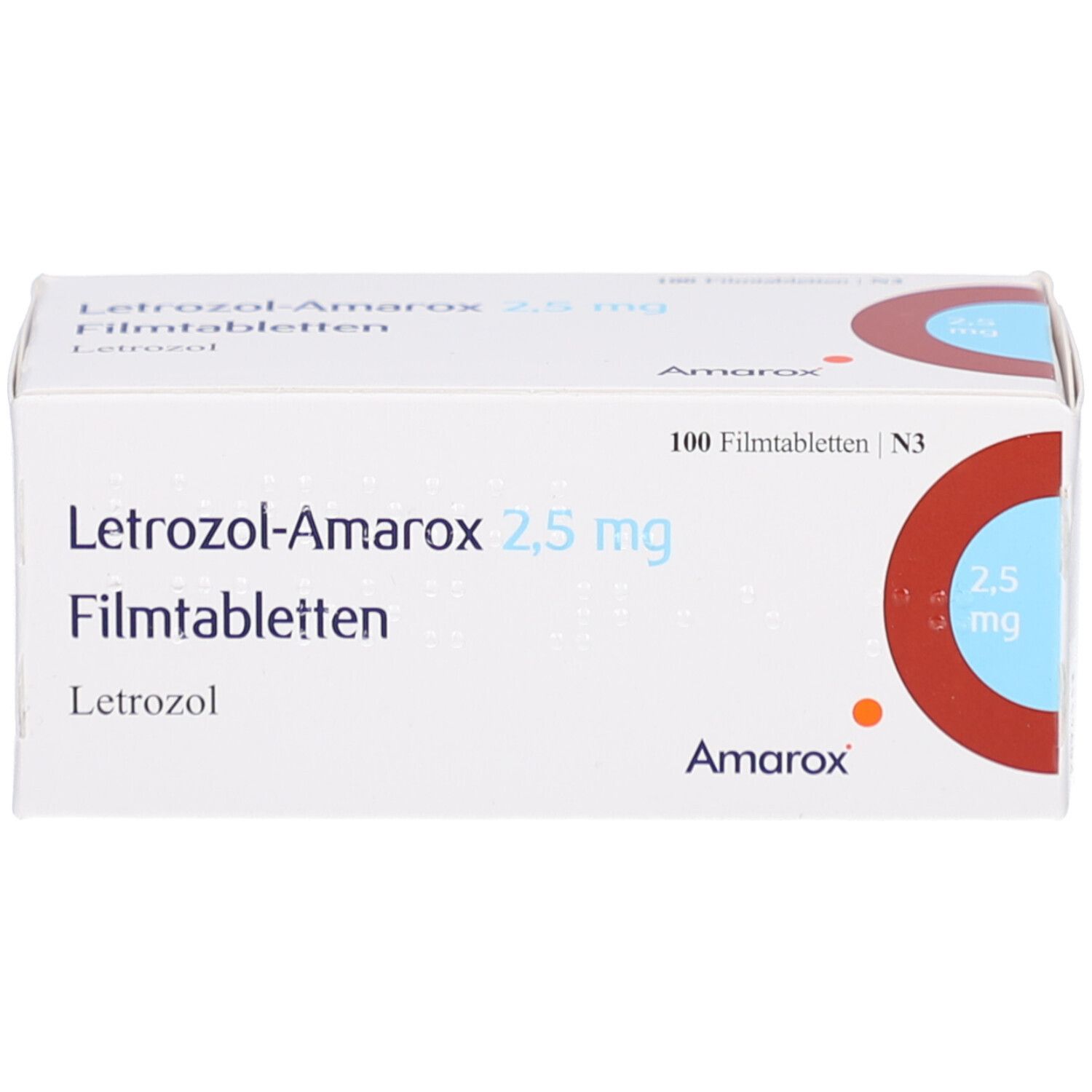 Schachtel LETROZOL-Amarox 2,5 mg Filmtabletten. Aufschrift: 100 Filmtabletten. Marke Amarox. Blaue und rote Akzente.