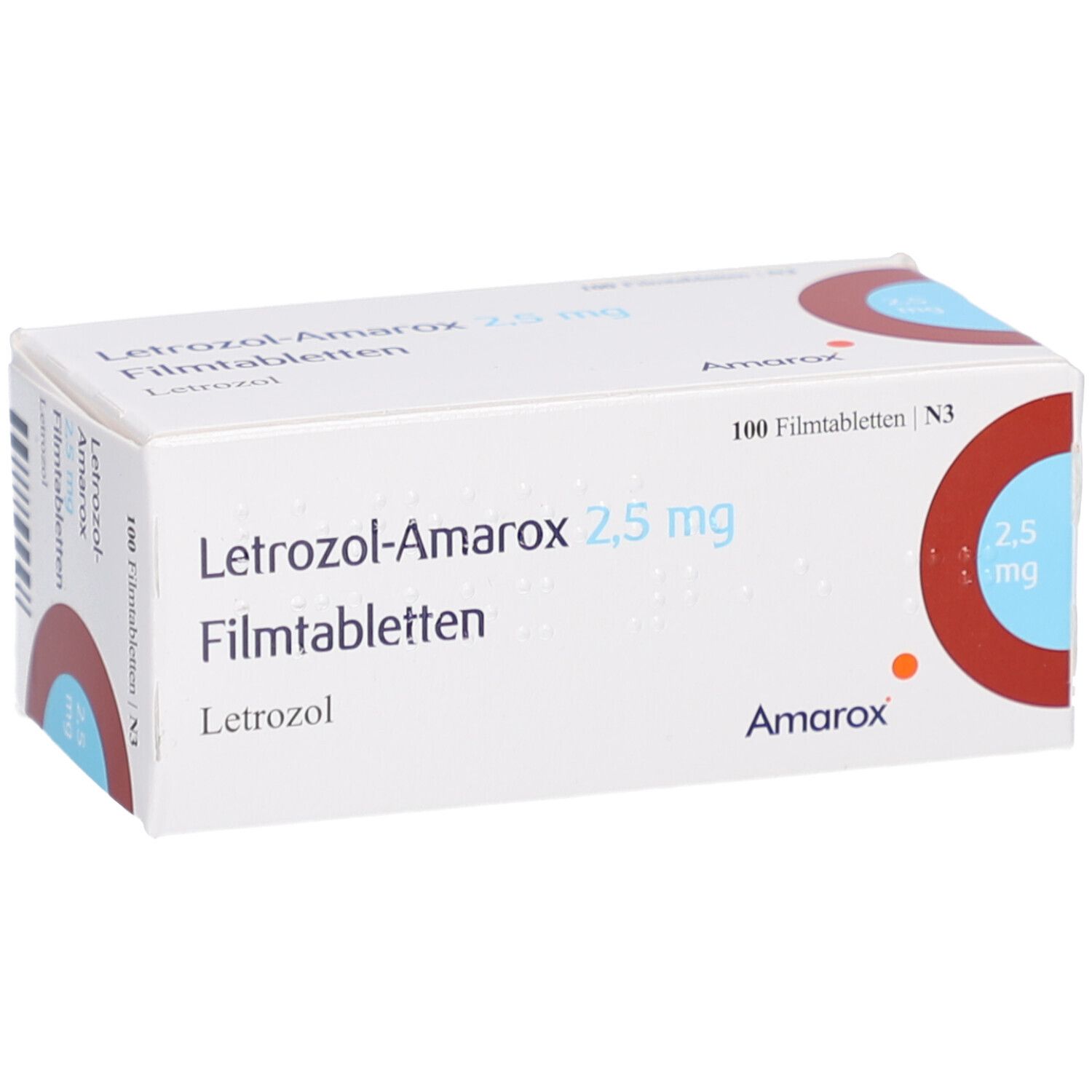 Schachtel LETROZOL-Amarox 2,5 mg Filmtabletten. Aufschrift: 100 Filmtabletten. Marke Amarox. Blaue und rote Akzente.