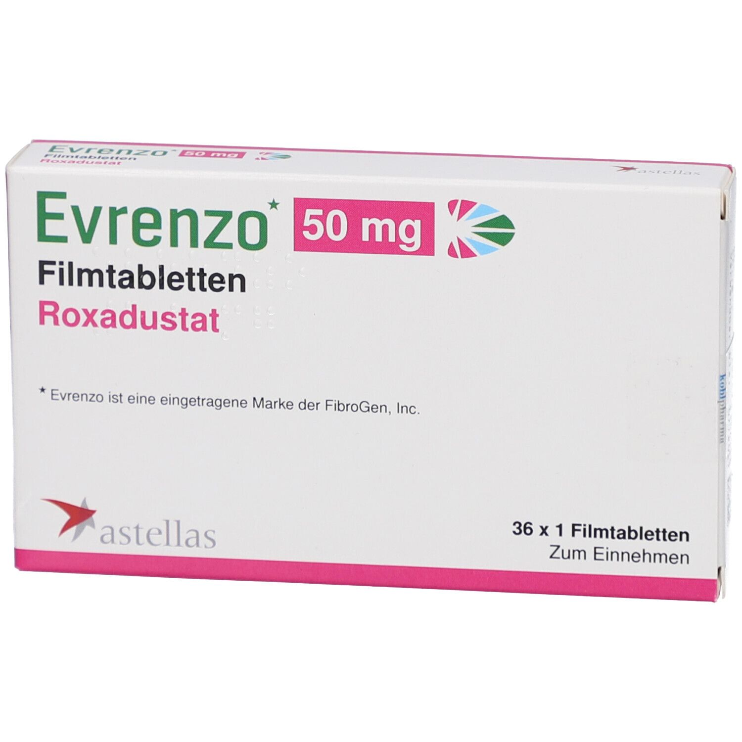Schachtel mit EVRENZO 50 mg Filmtabletten. Aufschrift: Roxadustat, 36 x 1 Filmtabletten. Astellas-Logo.
