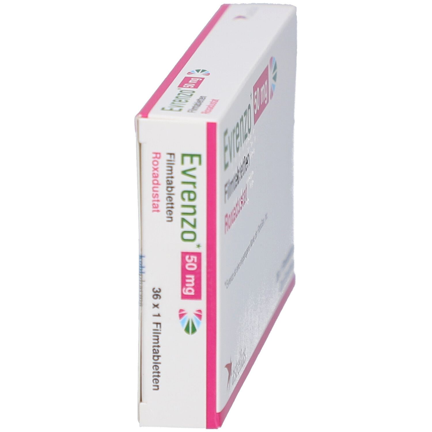Seitenansicht der EVRENZO 50 mg Filmtabletten-Schachtel. Aufschrift: Roxadustat, 36 x 1 Filmtabletten. Astellas-Logo.