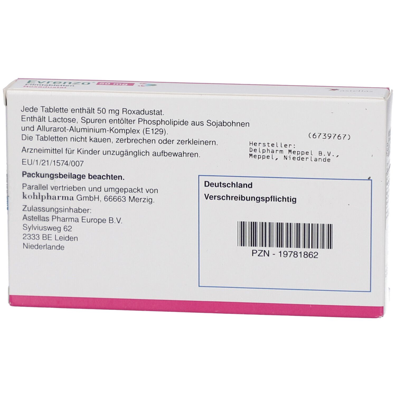 Rückseite der EVRENZO 50 mg Filmtabletten-Schachtel. Enthält Informationen zu Inhaltsstoffen, Hersteller und PZN-Nummer.