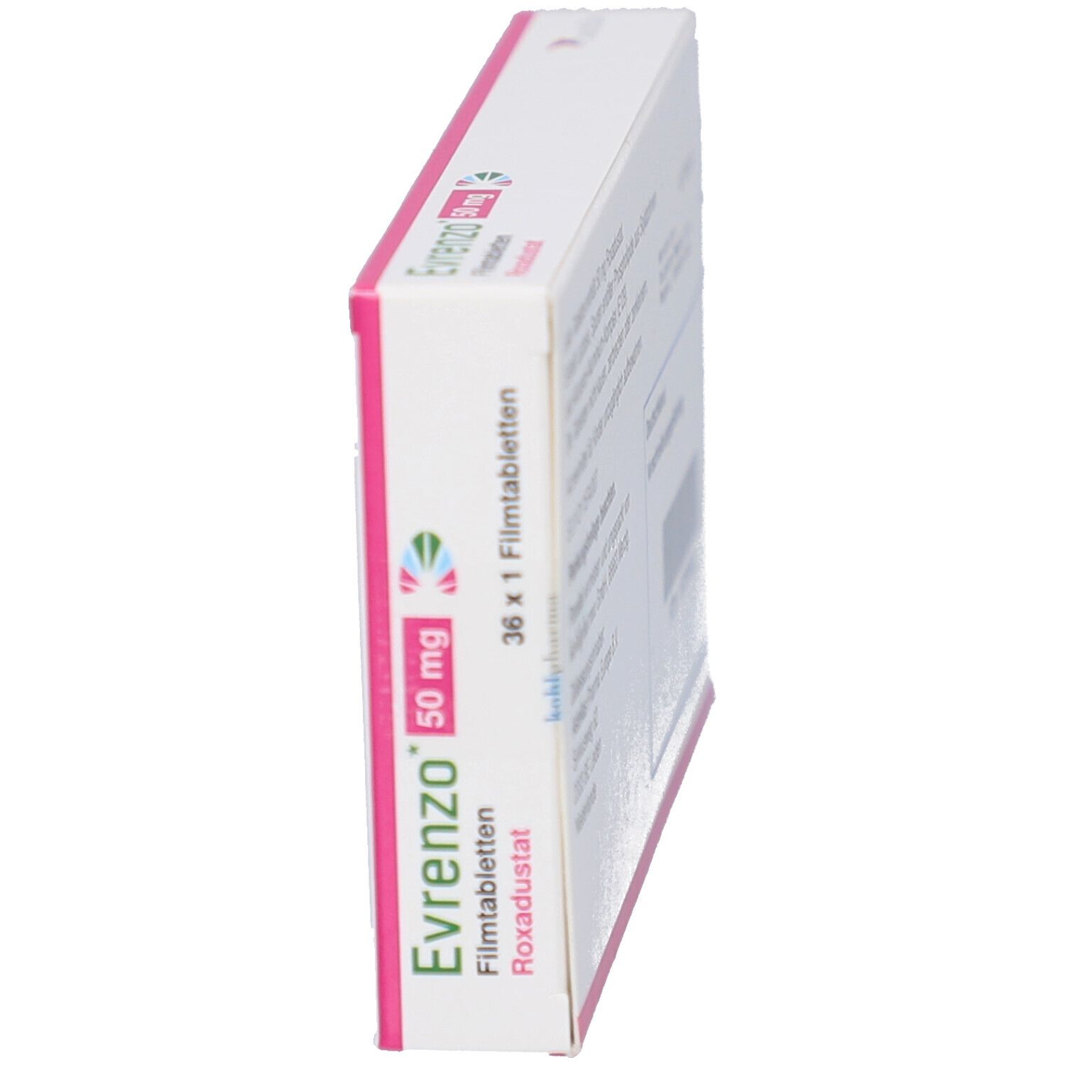 Seitenansicht der EVRENZO 50 mg Filmtabletten-Schachtel. Aufschrift: Roxadustat, 36 x 1 Filmtabletten.