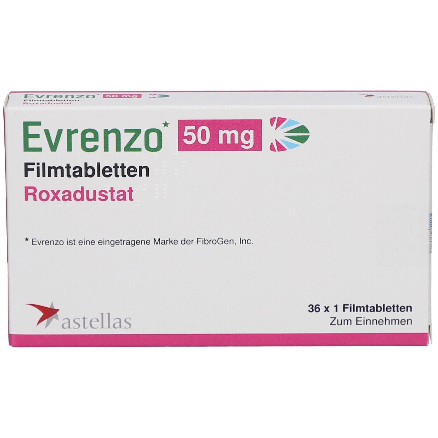 Schachtel mit EVRENZO 50 mg Filmtabletten. Aufschrift: Roxadustat, 36 x 1 Filmtabletten. Astellas-Logo.