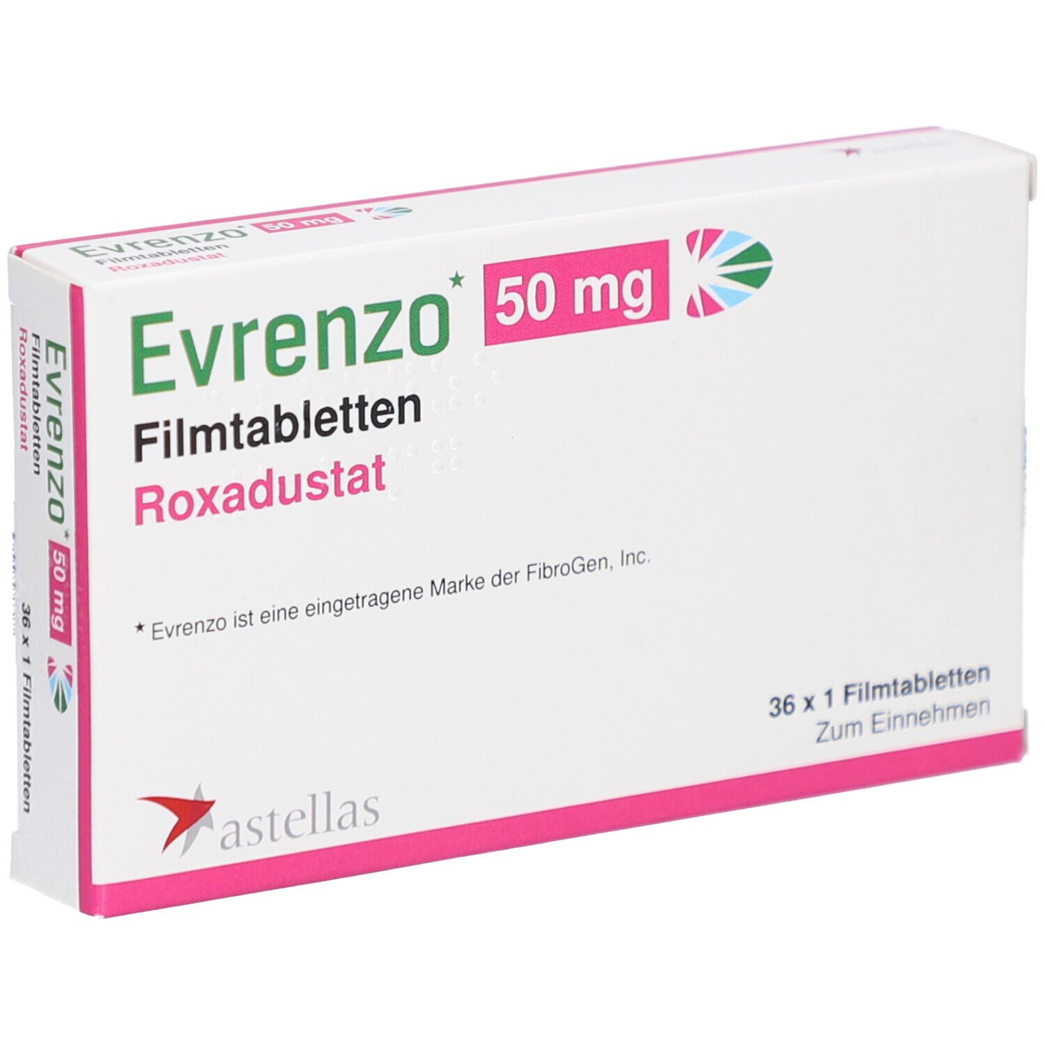 Schachtel mit EVRENZO 50 mg Filmtabletten. Aufschrift: Roxadustat, 36 x 1 Filmtabletten. Astellas-Logo.