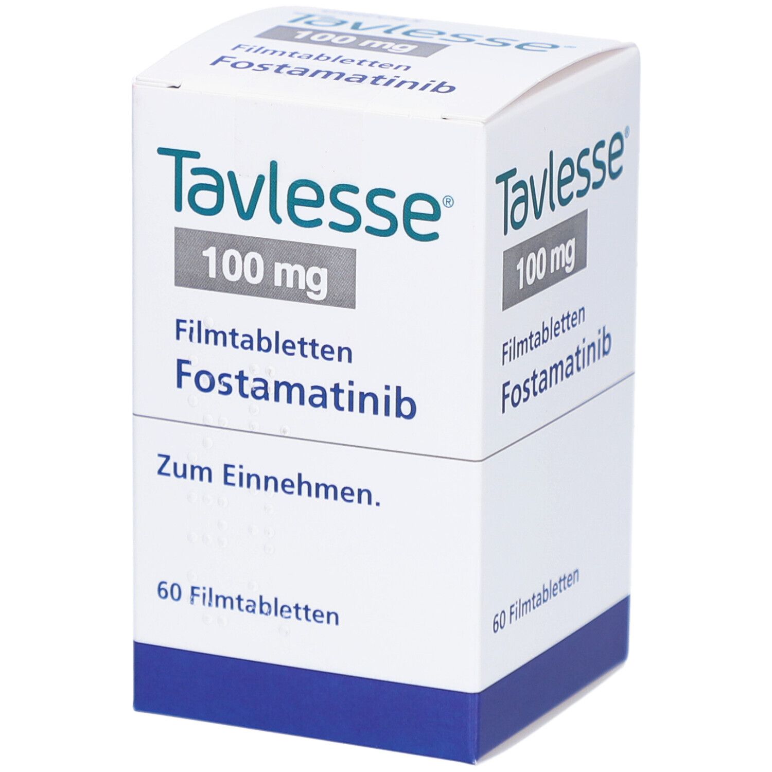 Tavlesse 100 mg Filmtabletten-Packung. Enthält 60 Tabletten. Aufschrift: Fostamatinib, Zum Einnehmen.