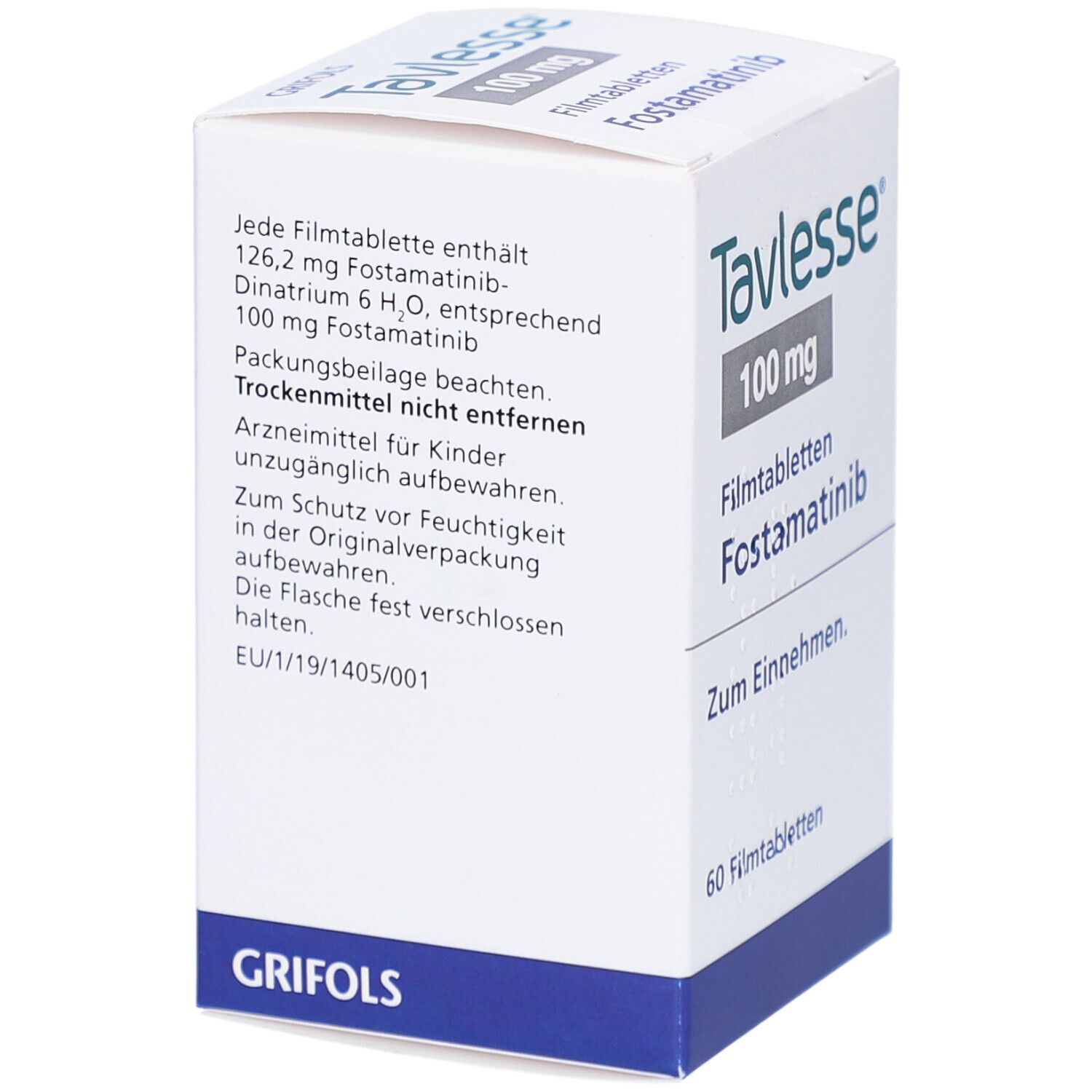 Tavlesse 100 mg Filmtabletten-Packung. Enthält 60 Tabletten. Aufschrift: Fostamatinib, Zum Einnehmen. Detailinformationen.