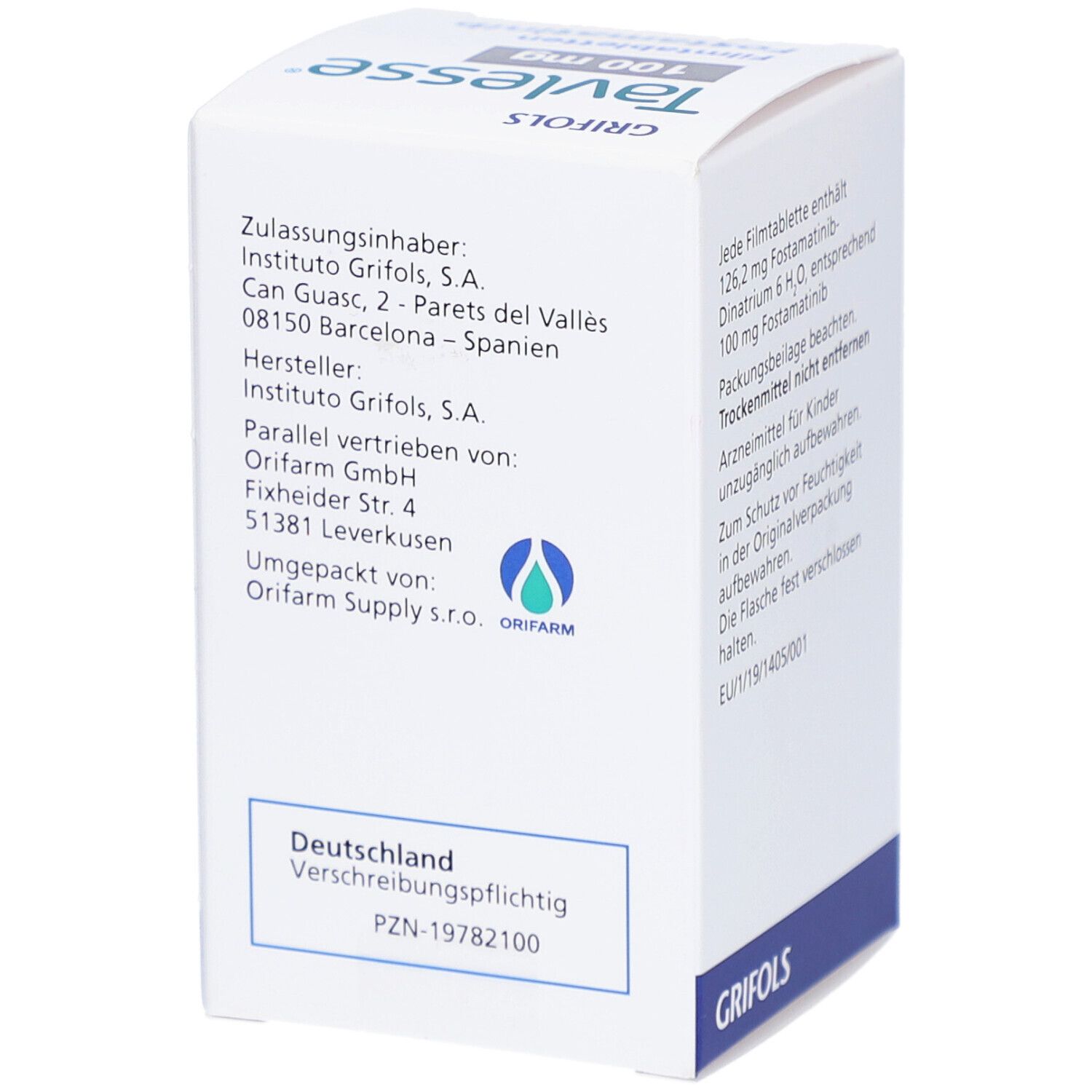 Rückseite der Tavlesse 100 mg Filmtabletten-Packung. Herstellerinformationen, PZN-19782100, Deutschland.