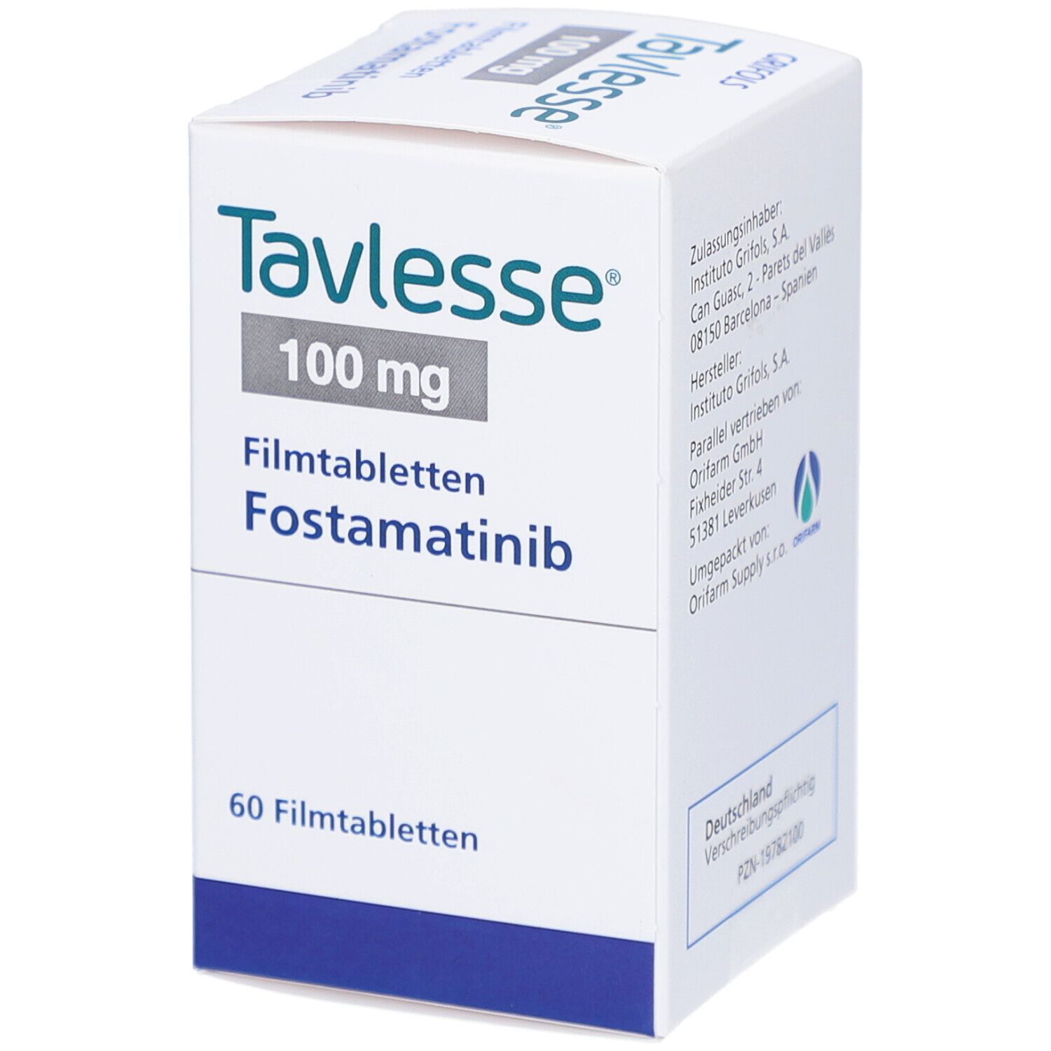 Tavlesse 100 mg Filmtabletten-Packung. Enthält 60 Tabletten. Aufschrift: Fostamatinib, Zum Einnehmen.