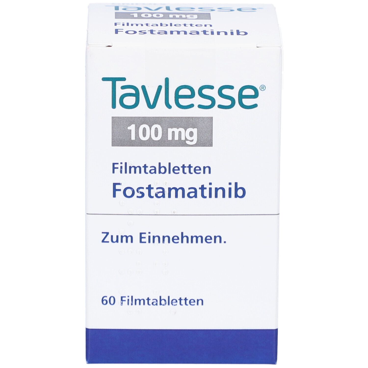 Tavlesse 100 mg Filmtabletten-Packung. Enthält 60 Tabletten. Aufschrift: Fostamatinib, Zum Einnehmen.