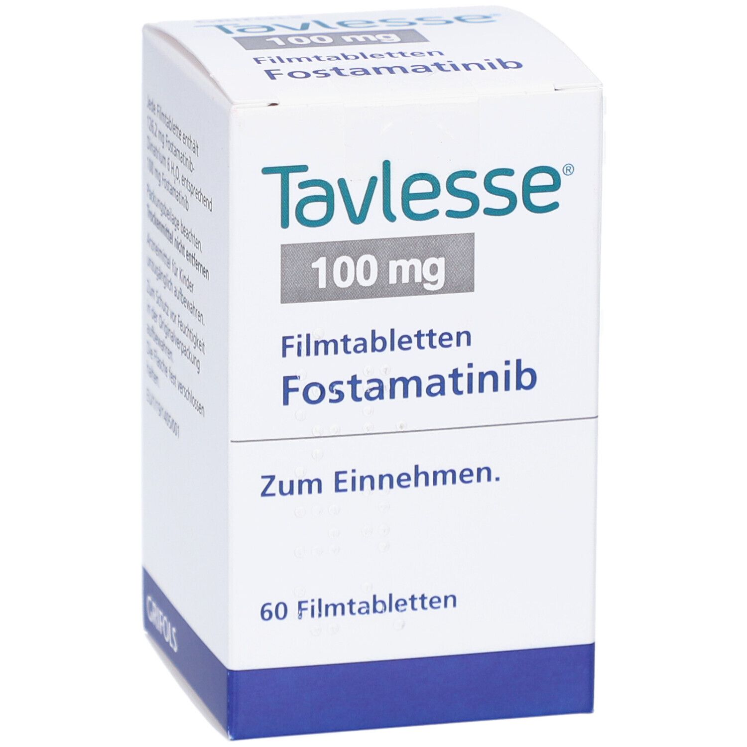 Tavlesse 100 mg Filmtabletten-Packung. Enthält 60 Tabletten. Aufschrift: Fostamatinib, Zum Einnehmen.