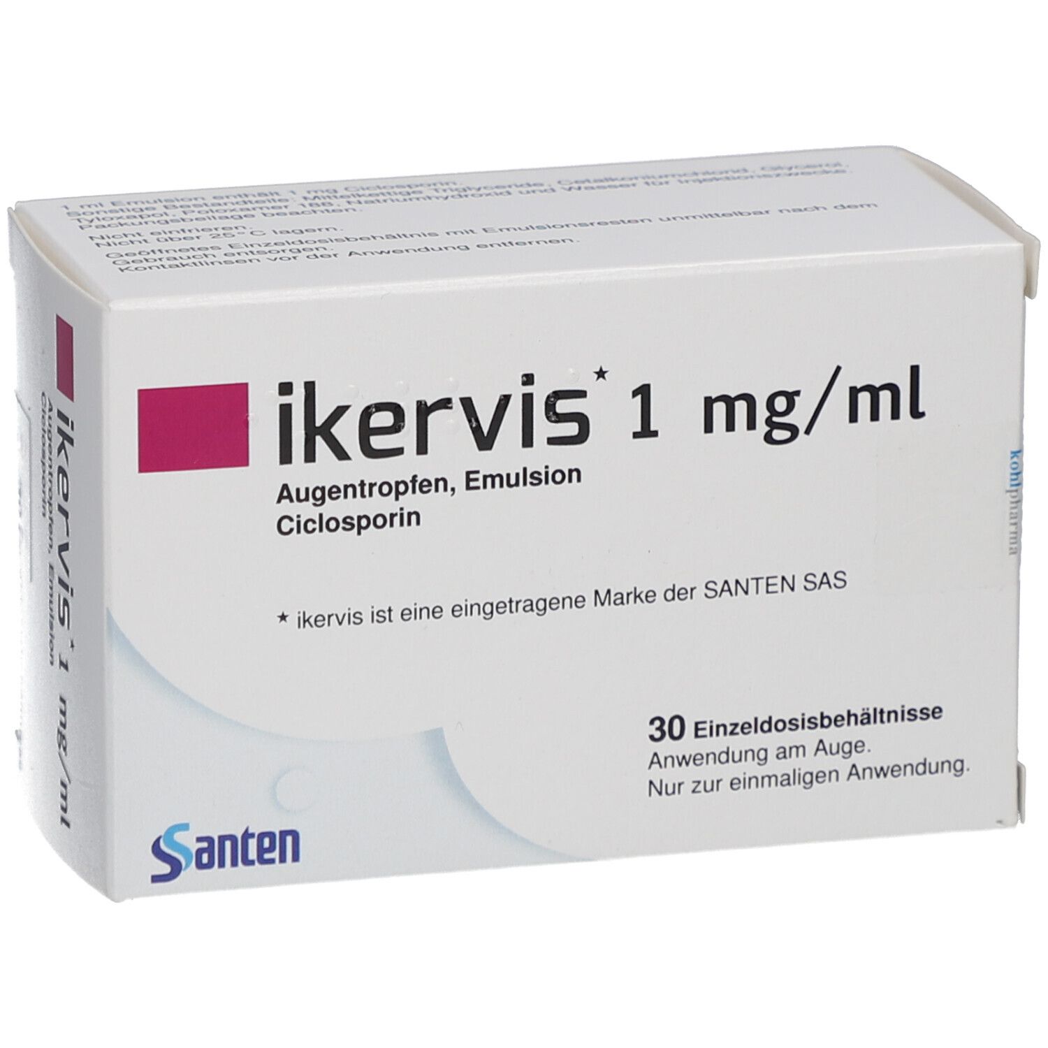 Weiße Faltschachtel mit IKERVIS 1 mg/ml. Enthält Augentropfen, Emulsion, Ciclosporin. Marke Santen.