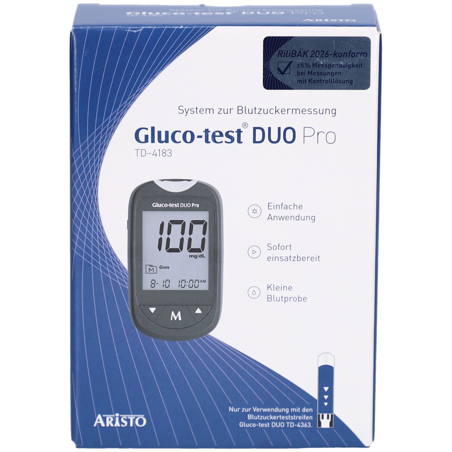 Verpackung des Blutzuckermesssystems. Auf der Vorderseite ist ein Messgerät mit Anzeige zu sehen. Das Produkt ist von Aristo.