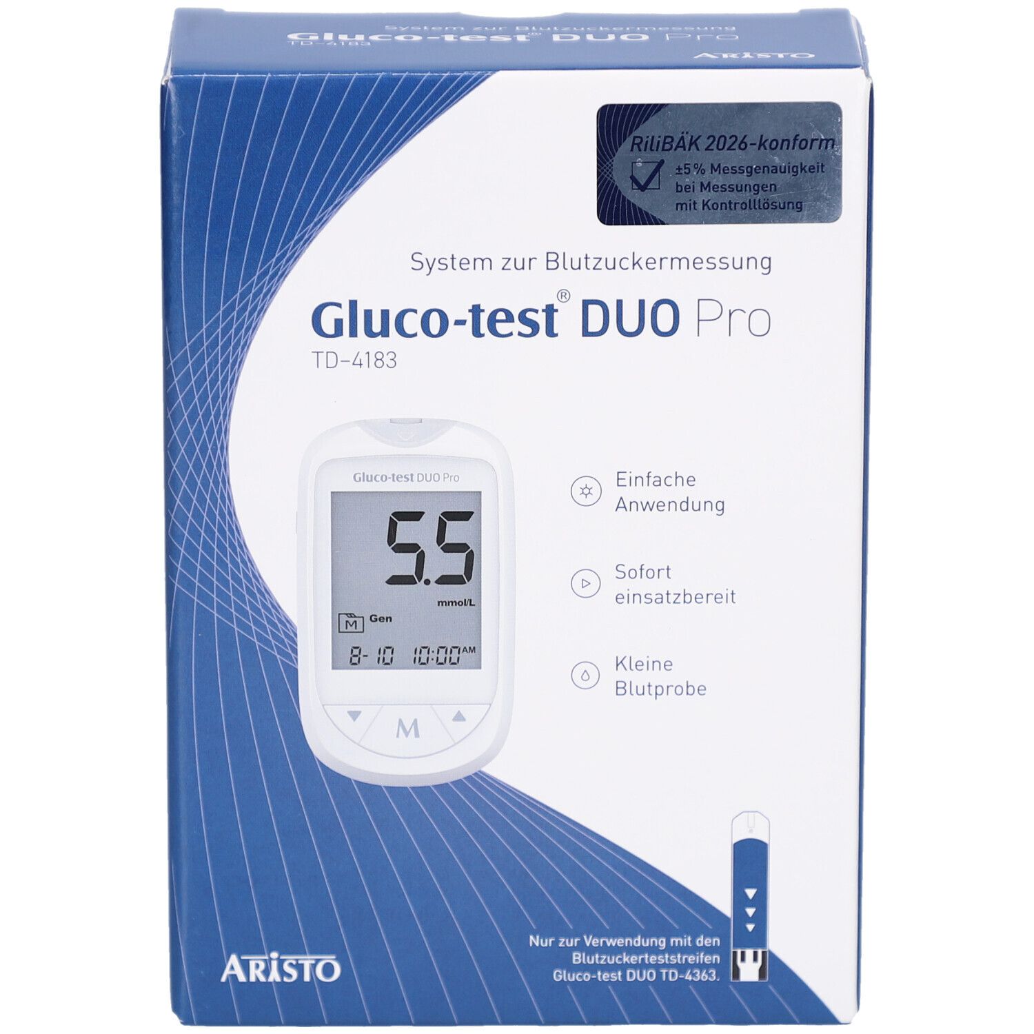 Blutzuckermesssystem-Verpackung. Aufschrift: Gluco-test DUO Pro, TD-4183. Anzeige: 5.5. Zubehör: Teststreifen. Marke: Aristo. Zertifizierung.