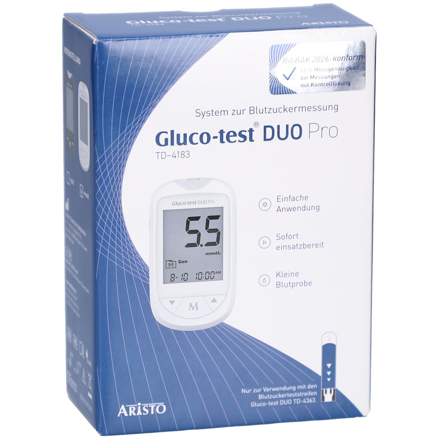 Blutzuckermesssystem-Verpackung. Aufschrift: Gluco-test DUO Pro, TD-4183. Anzeige: 5.5. Zubehör: Teststreifen. Marke: Aristo. Zertifizierung.