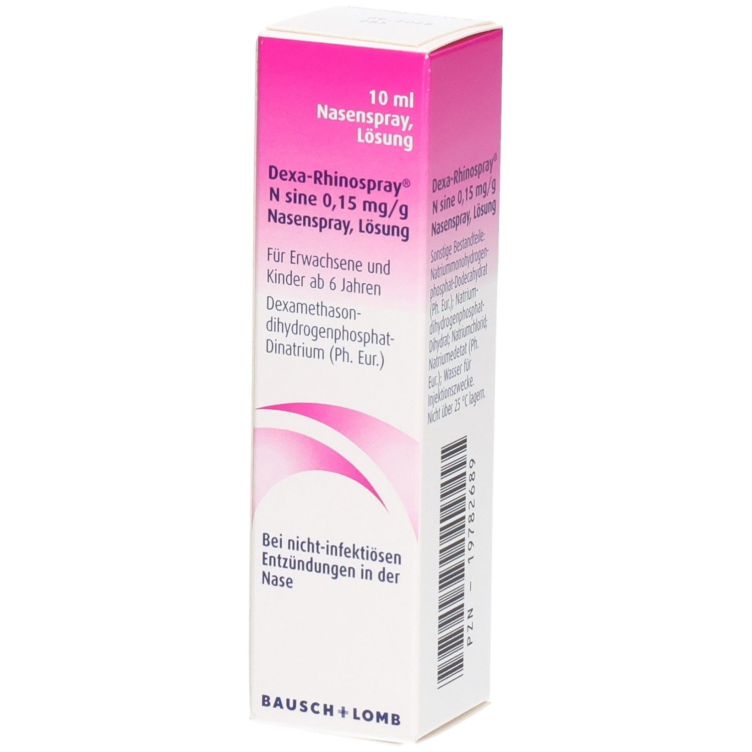 Rosa-weiße Schachtel mit Produktinformationen. Text: Dexa-Rhinospray N sine 0,15 mg/g Nasenspray Lösung. Bausch + Lomb.