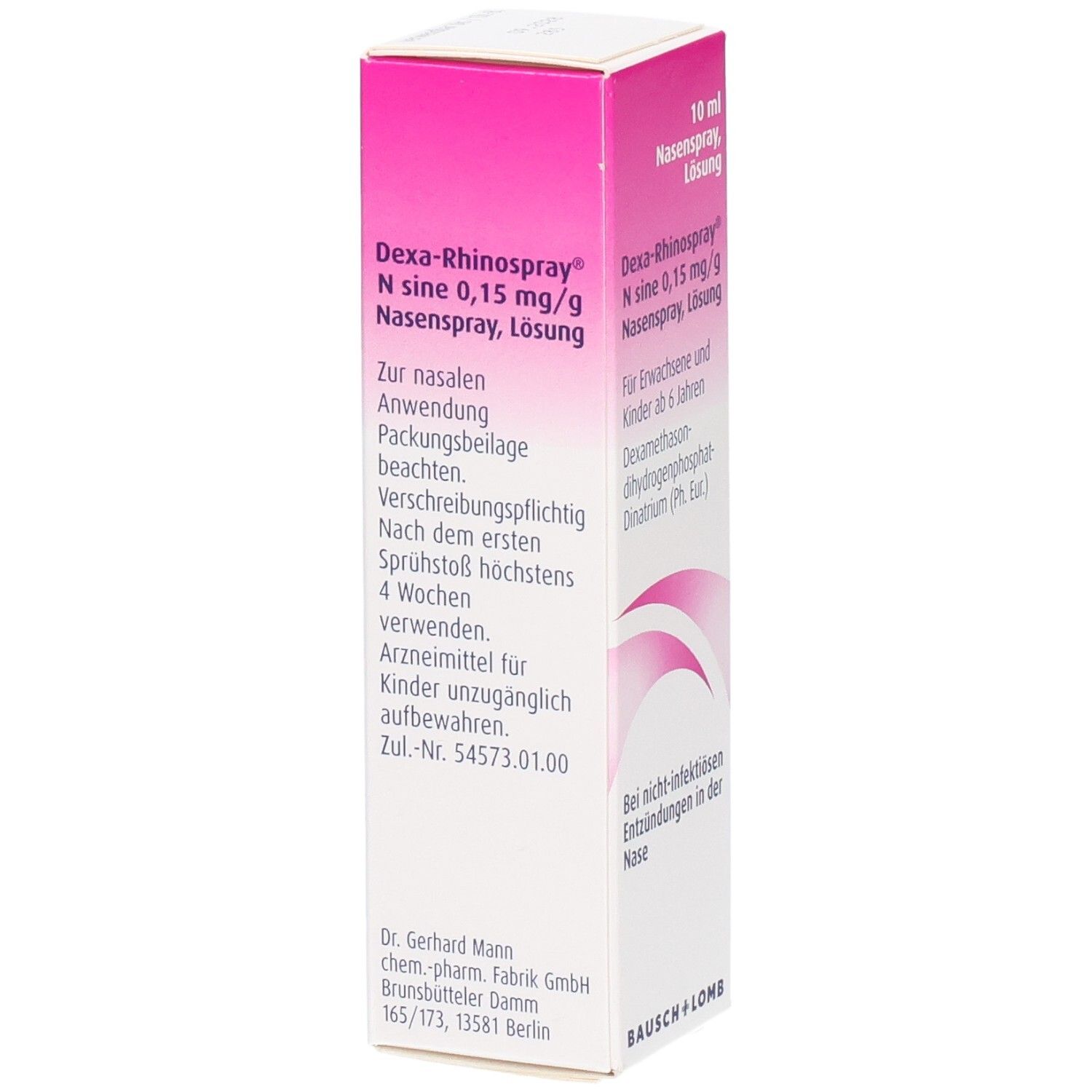 Rosa-weiße Schachtel mit Produktinformationen. Text: Dexa-Rhinospray N sine 0,15 mg/g Nasenspray Lösung. Bausch + Lomb.