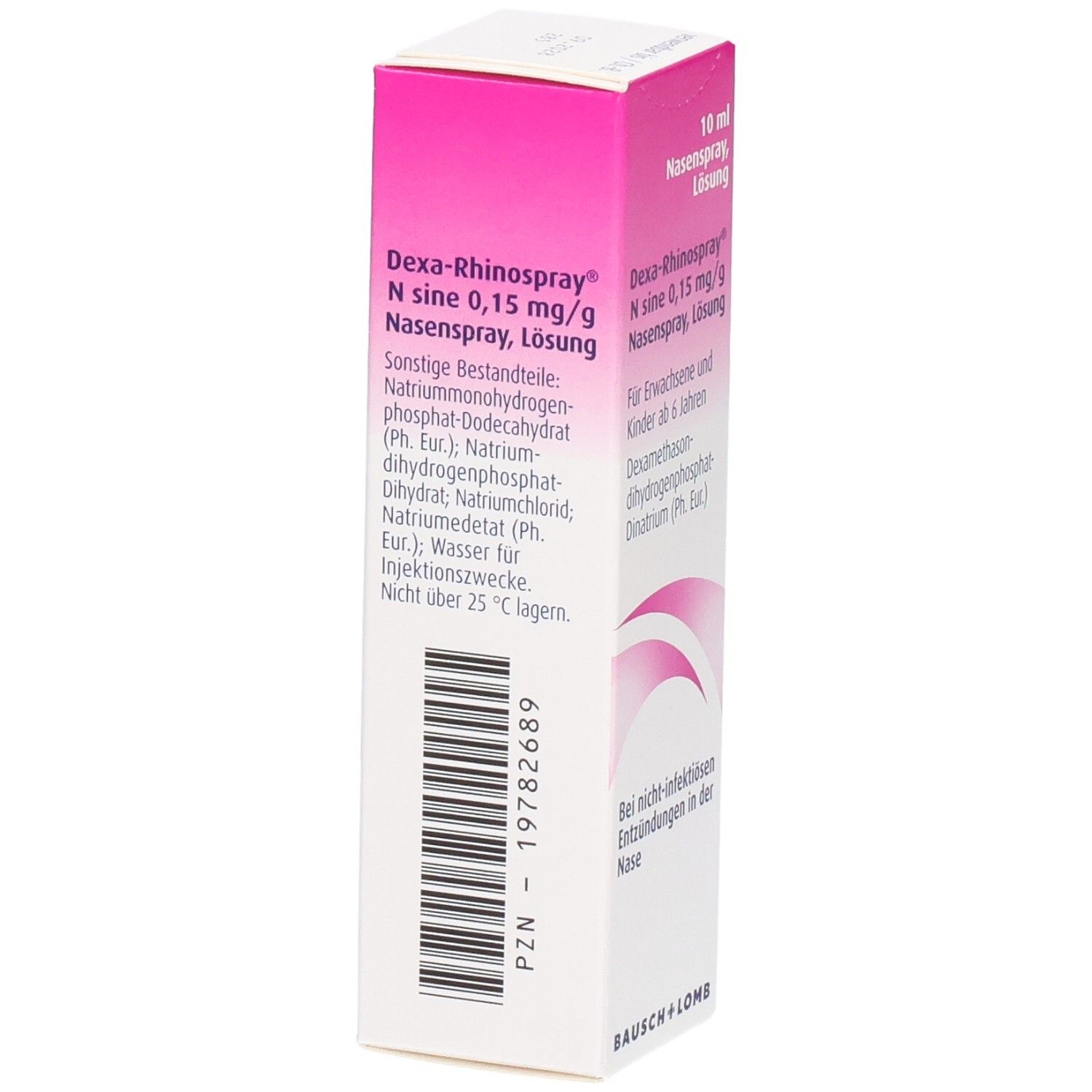 Rosa-weiße Schachtel mit Produktinformationen. Text: Dexa-Rhinospray N sine 0,15 mg/g Nasenspray Lösung. Bausch + Lomb.